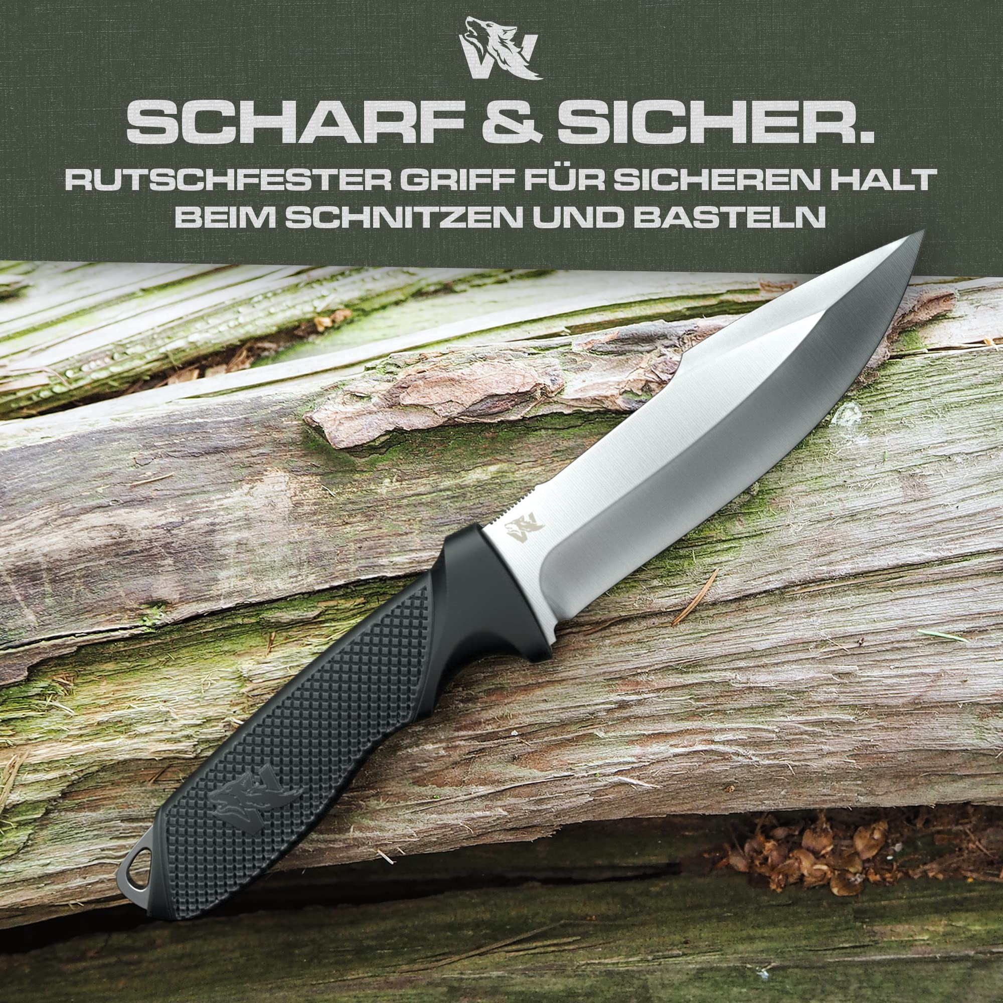 Wolfgangs W-KIDS - Schnitzmesser Kinder mit Süßem Kindermesser Führerschein - Outdoor Kinder Messer Set mit Scheide und Feuerstahl - DAS Kinder Schnitzmesser für das erste große Abenteuer