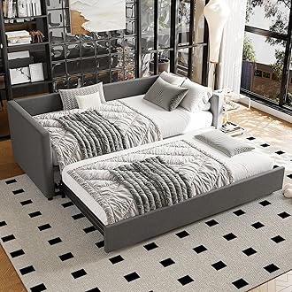 Upholstered Bed Day Bed, 3FT Single Bed with Underbed In Grey, 2 beds in 1 Sofa Bed, Double Bed with Trundle Bed, Modern Bed Frame 90x190 cm for Living Room Bedroom, Easy assembly, Linen, No Mattress