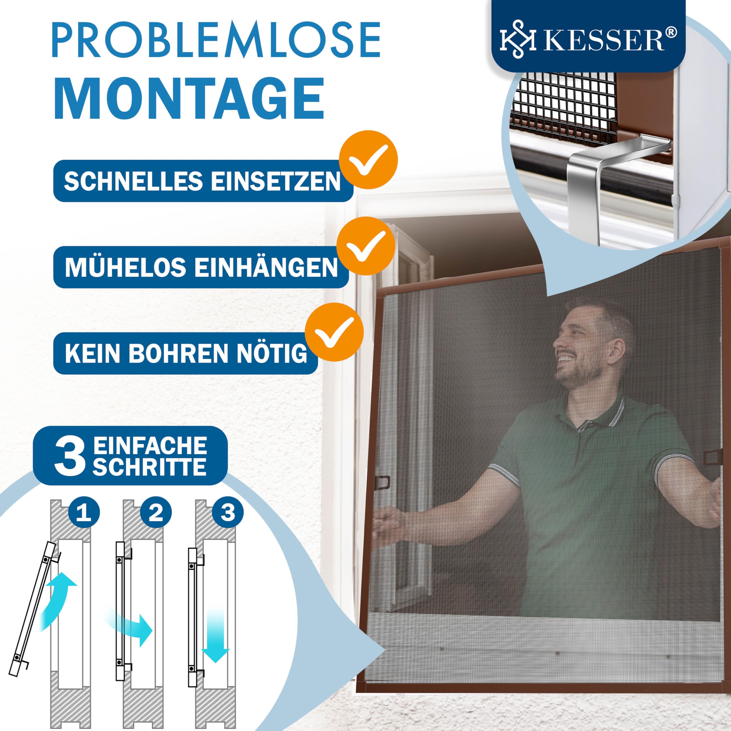 KESSER® Mosquitera para ventana, 80 x 100 cm, protección contra mosquitos con marco de aluminio, marco tensor, mosquitera sin necesidad de taladrar, protección contra insectos, red antimosquitos para