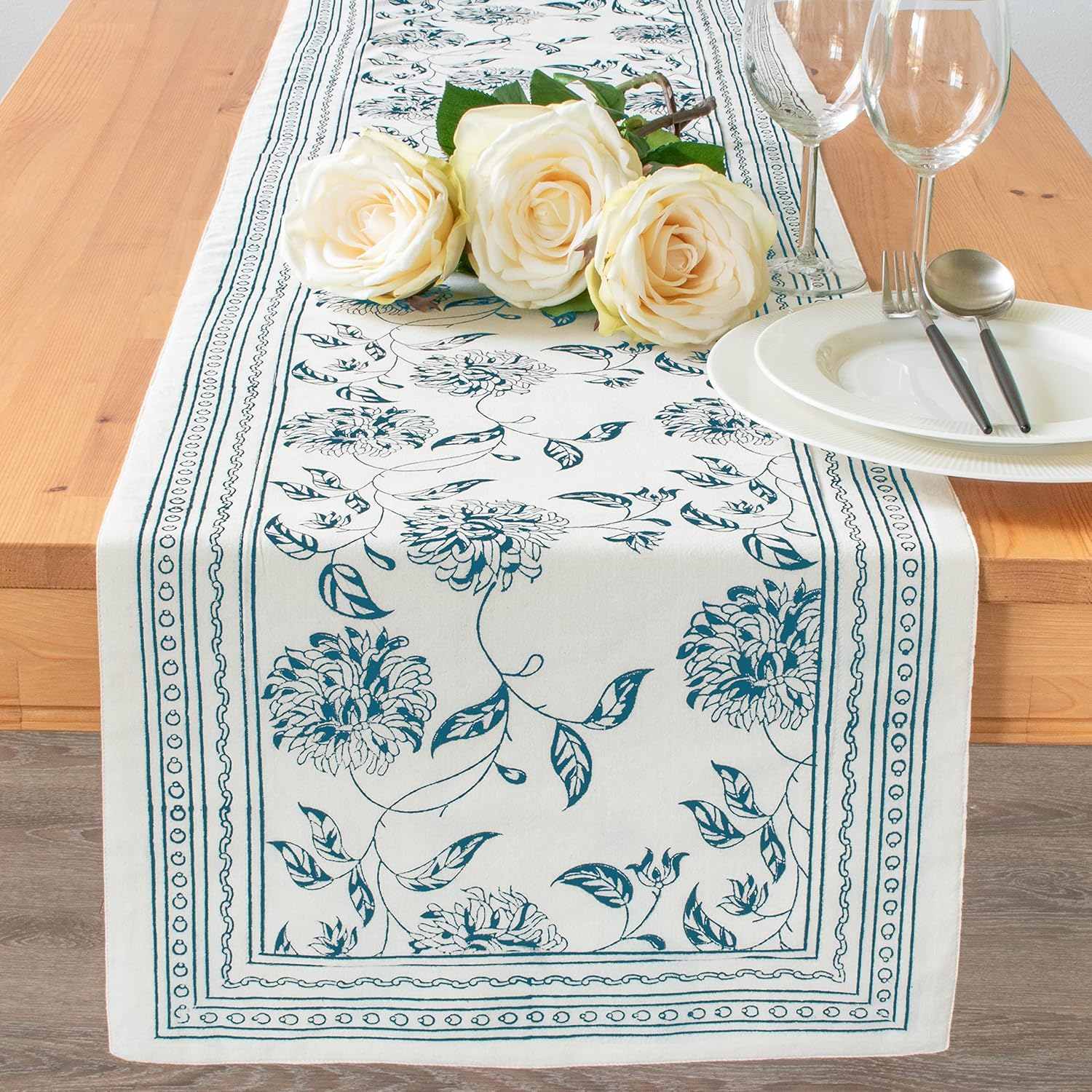 Teal & Off White Dining Table Runners ( 100% Cotton, Floral Hand Block Print, 14x108 inch, Pack of 1) Fabric Lined | No Fray Edges | for Home, Kitchen, Dining Room, Holiday, Wedding Party Décor