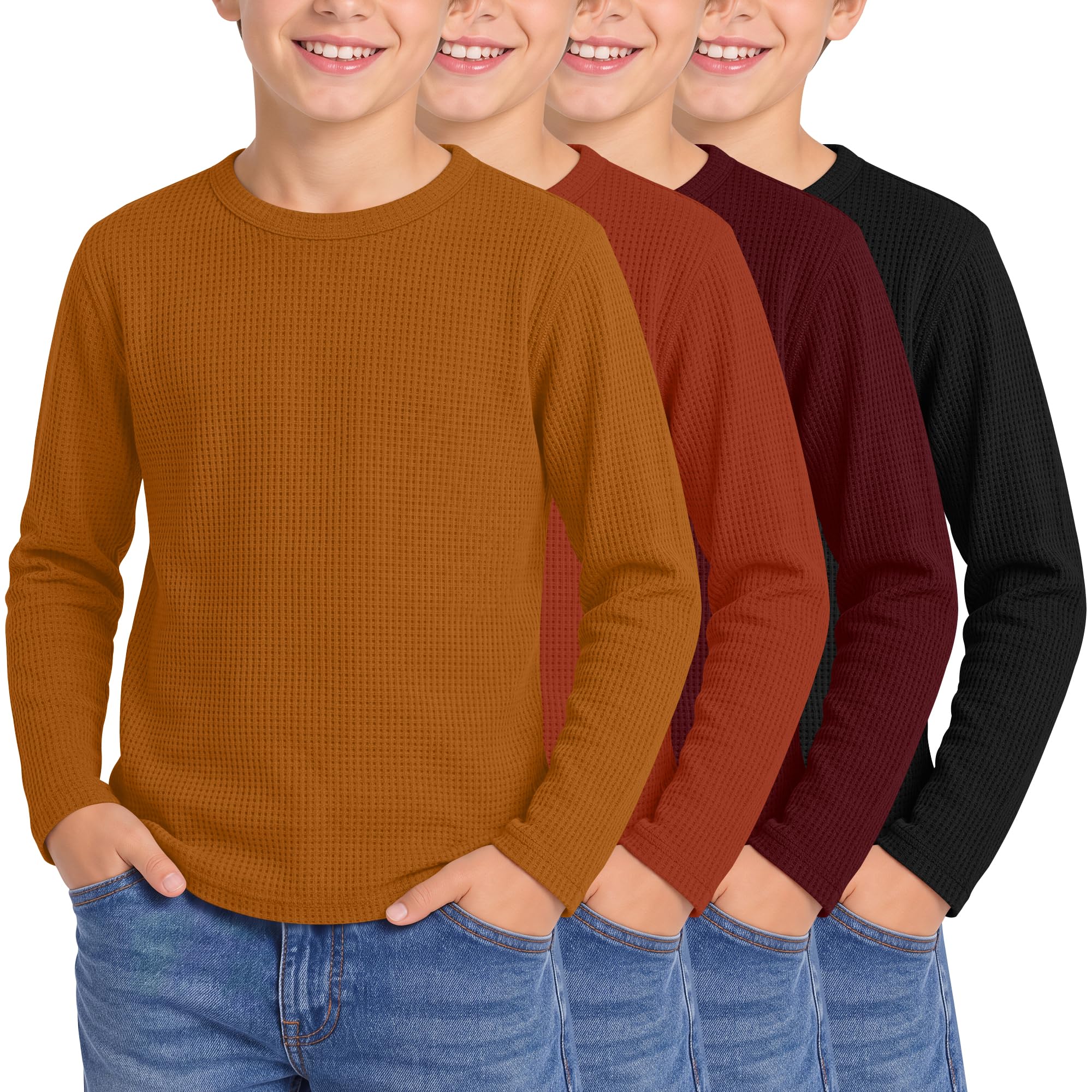 4 Pack Boys Long Sleeve Waffle Knit Thermal Shirts