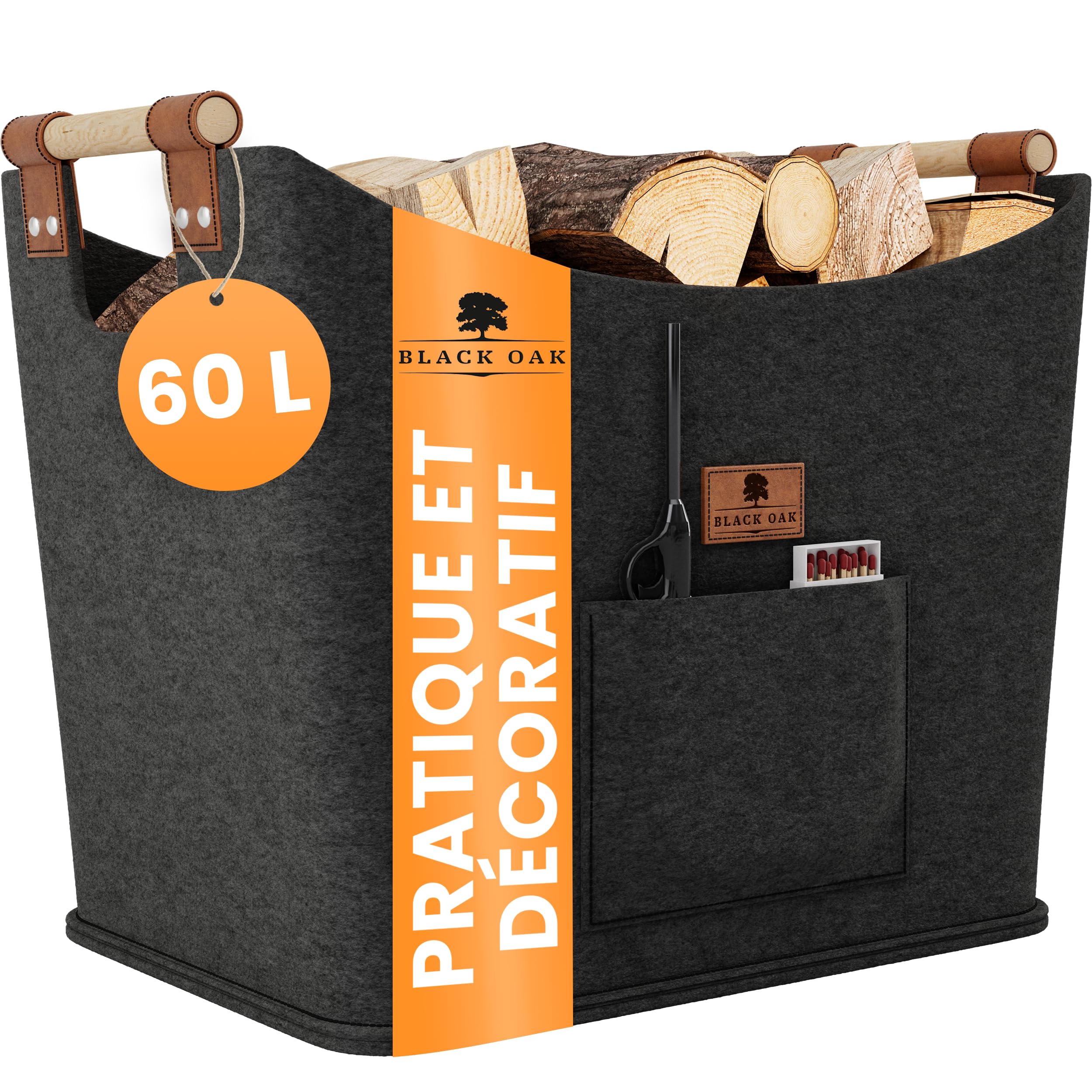 BLACK OAK Montana XL Panier en feutre et bois pour bois de chauffage, cuir véritable, poignées larges, poche avant extra grande, pliable