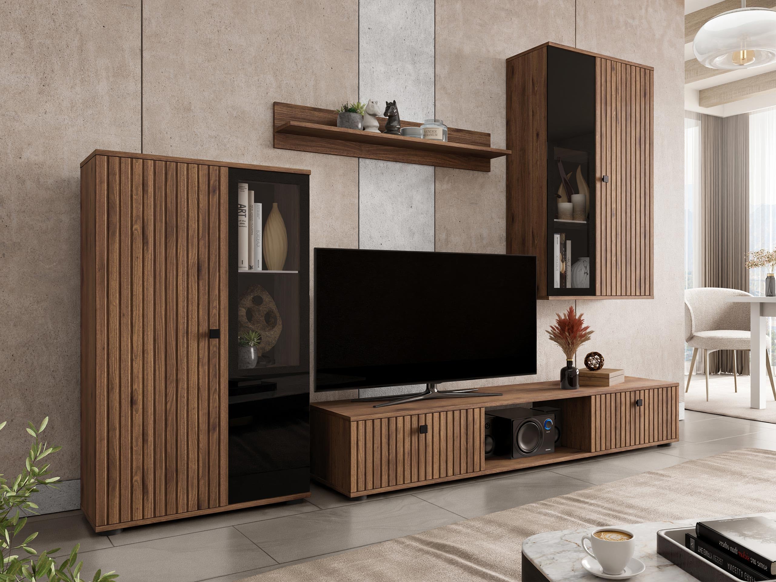 Mirjan24 Wohnwand Salsa II, Anbauwand, Design Mediawand, Wohnzimmer Set, Wohnzimmerschrank, Schrankwand, Hängeschrank, Vitrine, TV Lowboard (Nuss Okapi, ohne Beleuchtung)
