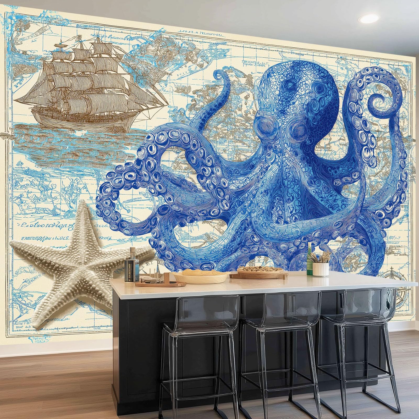 Tapeta ścienna 350 x 256 cm do salonu sypialnia kuchnia - Design z ilustracją morską ośmiornica mapa - łatwa w montażu, drukowana w wysokiej rozdzielczości, wodoodporna i łatwa do czyszczenia