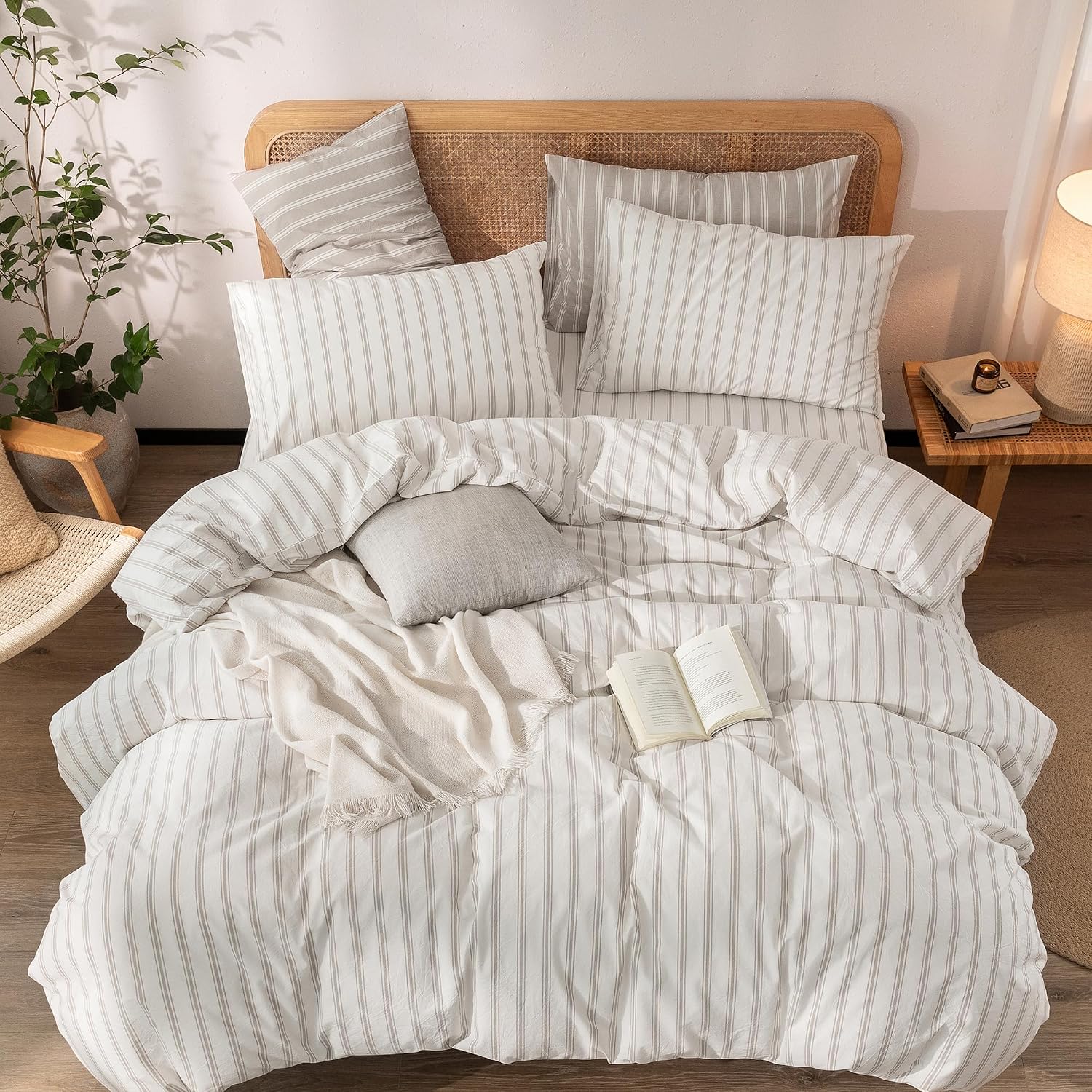  Striped Cotton Duvet Cover Set Linen Feel Twin thumbnail
