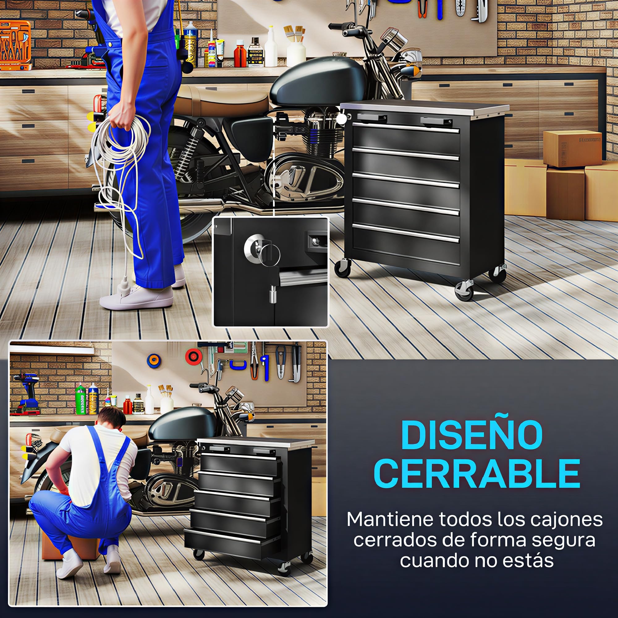 HOMCOM Carro de Herramientas con 5 Cajones y Cerradura, Carro de Taller con Ruedas con Freno, Encimera de Acero Inoxidable, Caja de Herramientas con Conectores Laterales para Garaje, Negro y Plata