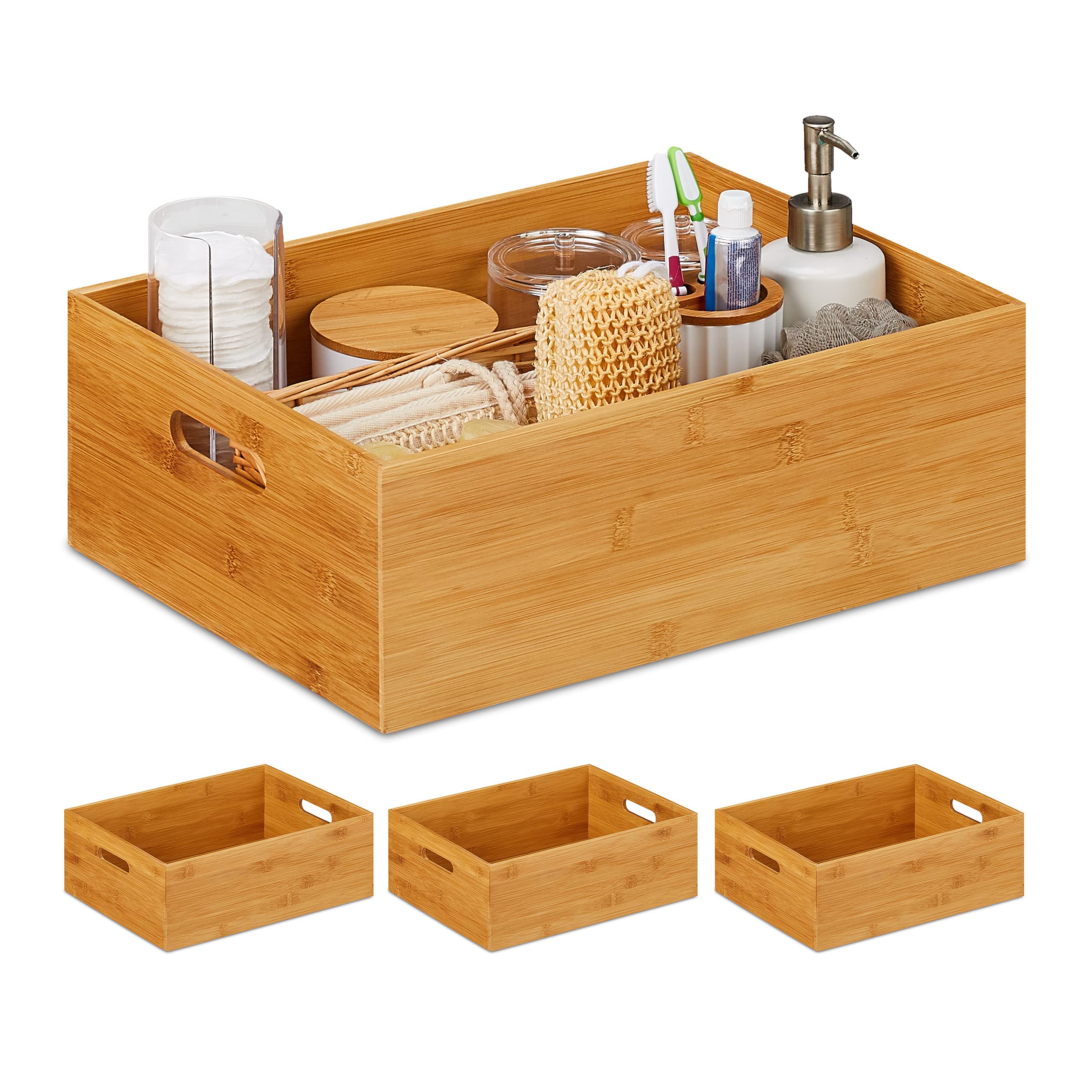 Relaxdays 4 Cajas de Almacenaje, Bambú, Estable, Abierta, Almacenamiento, Organizador sin Tapa, Baño, Cocina, 14x40x30 cm, Natural
