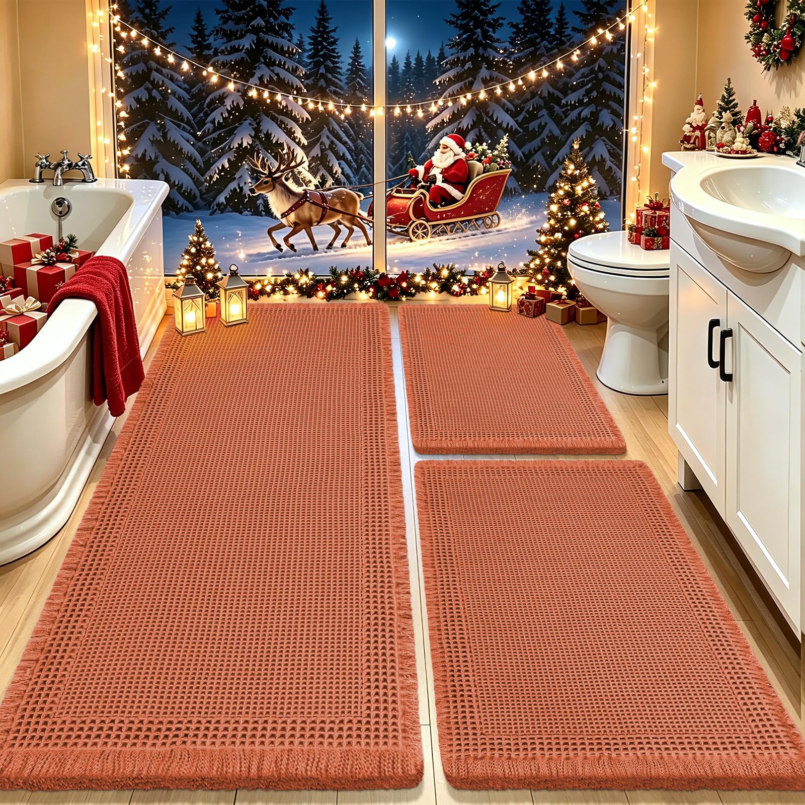 Upgrade Waffle Bath Mat Set 3 Piece, Boho Bathroom Rugs Absorbent Non Slip, Soft Bathroom Mats, Machine Washable Knit Bath Rugs with Border for Bathroom, Bedroom, Kitchen, Shower, Tub, Burnt Orange
