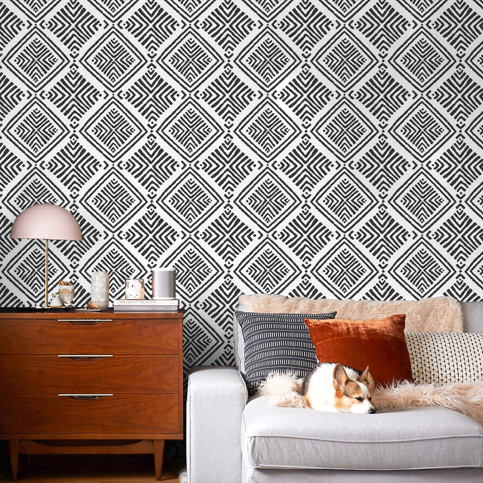 Papel tapiz blanco y negro para despegar y pegar, papel de contacto geométrico bohemio para armarios, moderno, autoadhesivo, extraíble, cocina, baño, impermeable, papel de contacto blanco y