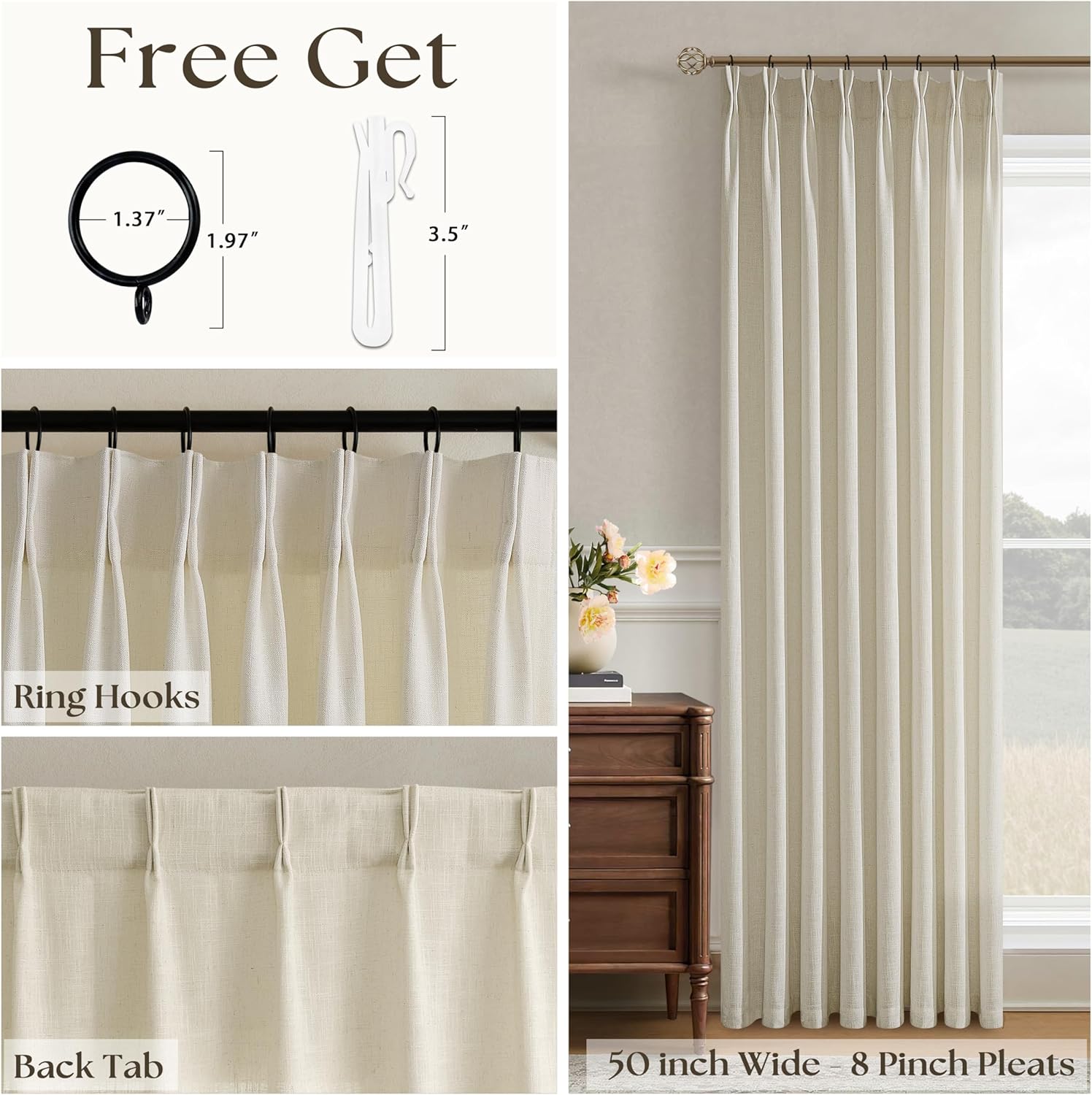 Pinch Pleated Linen Curtains 108 Inches Long for Living Room Tan Beige Double Pleated Drapes Hooks Rings Back Tab Farmhouse Ceiling Floor 108 Inch Window Curtains Bedroom Neutral Flax Linen 1 Panel