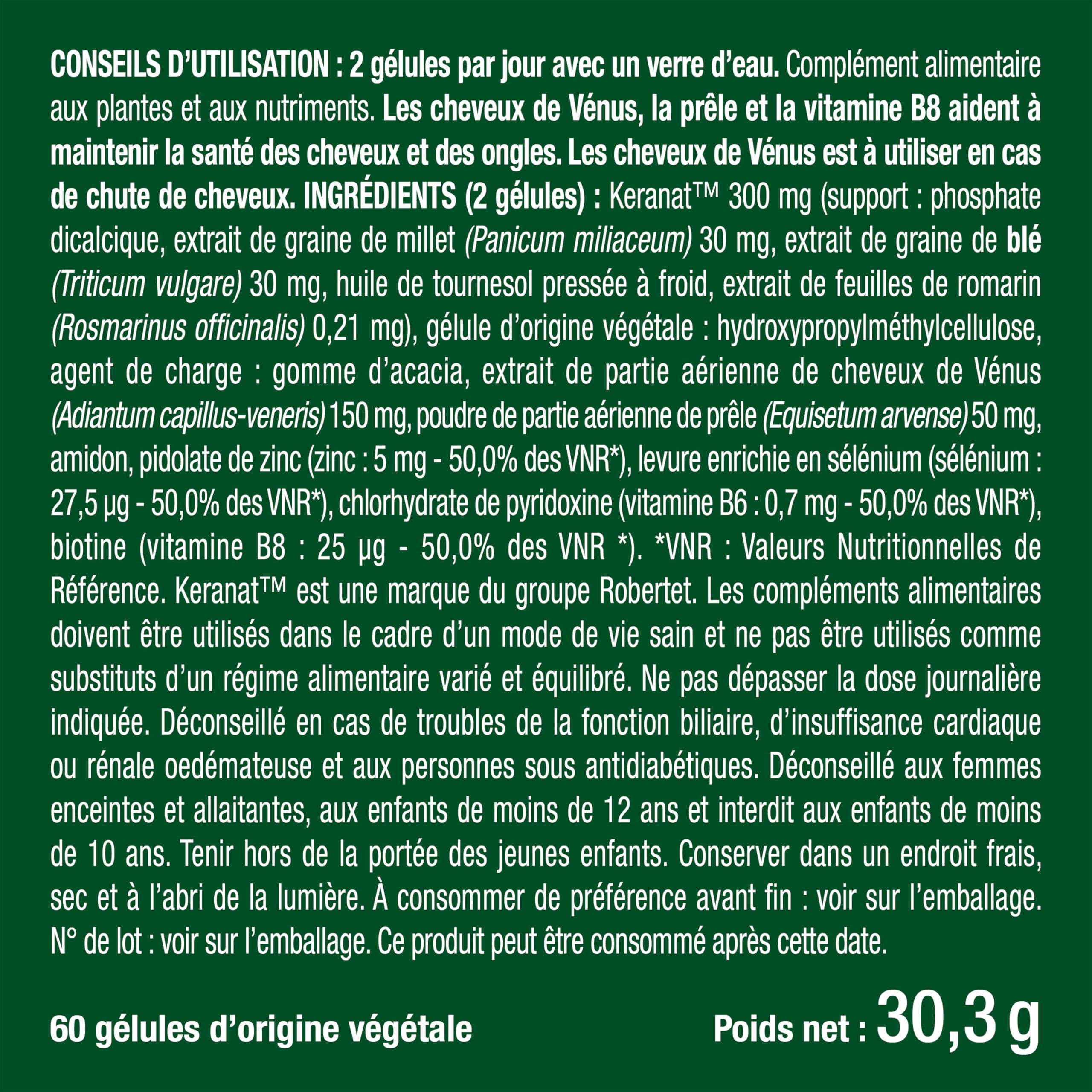 ANTI CHUTE DE CHEVEUX - Pousse et Fortification des Cheveux - Actif Breveté Keranat™ - Cheveux de Vénus, Prêle - Zinc, Sélénium et Biotine - 60 Gélules - Nutrimea - Fabrication Française
