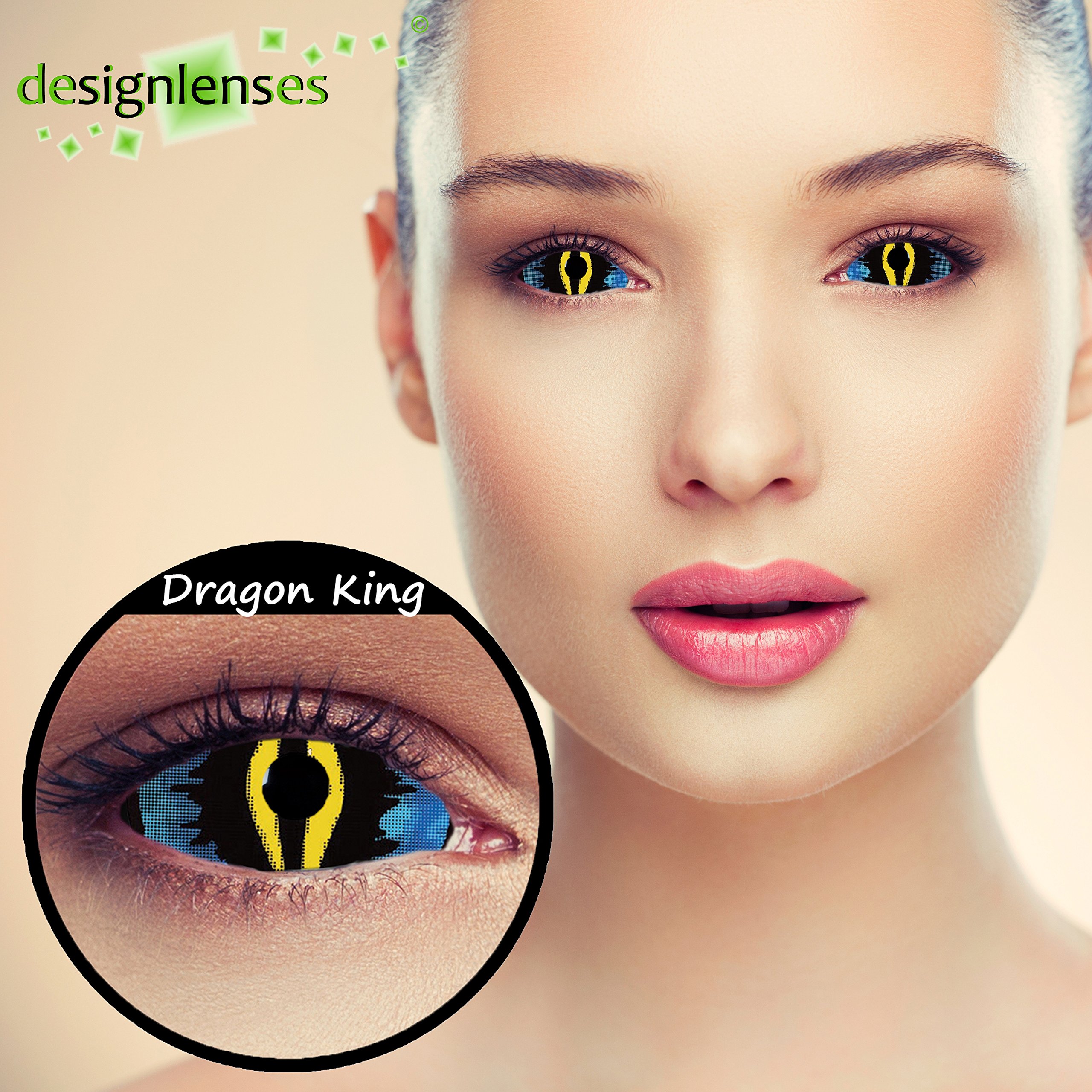 Dos lentillas de color azul y amarillo para Halloween o carnevale avatar disfraz, 1 par/2 pzs, 22mm diámetro, sin graduación + caso de lente „Dragon King"