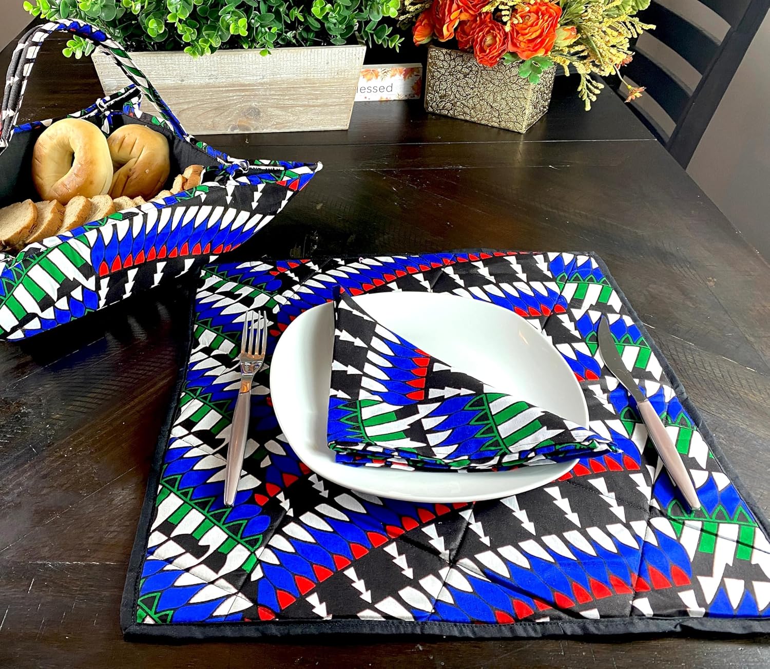 Bami Blue Ankara Breadbasket| Table Linen| Handmade African Fabric Padded Bread Basket| African Table Décor| Boho Style Tribal Basket|