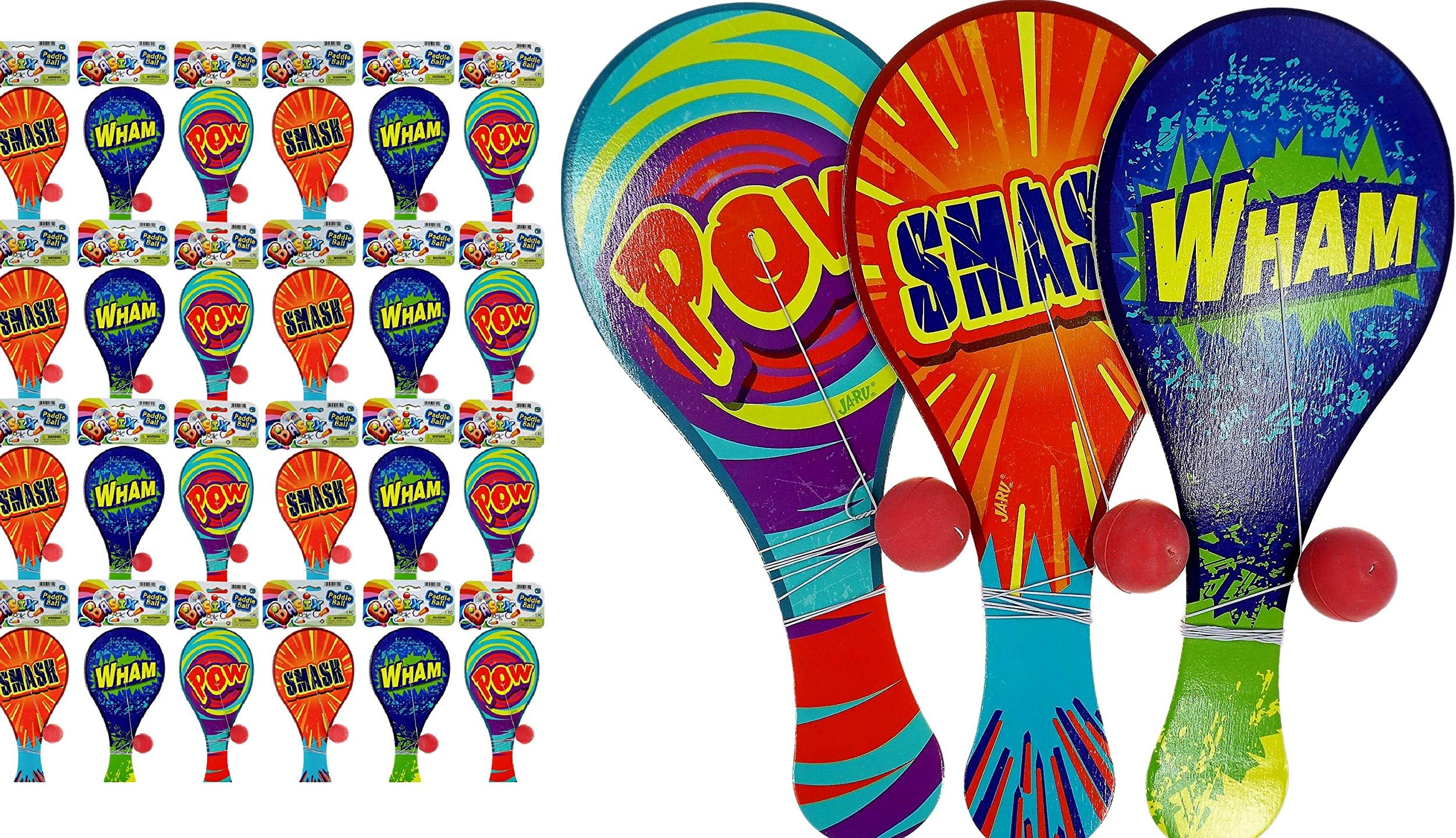 JA-RUWooden Paddle Ball with String (24 Paddle Balls) Classic Paddle with Ball Attached for Kids | Retro Toys from The 80s | Bulk Party Favors & Classroom Prizes. 751-24p