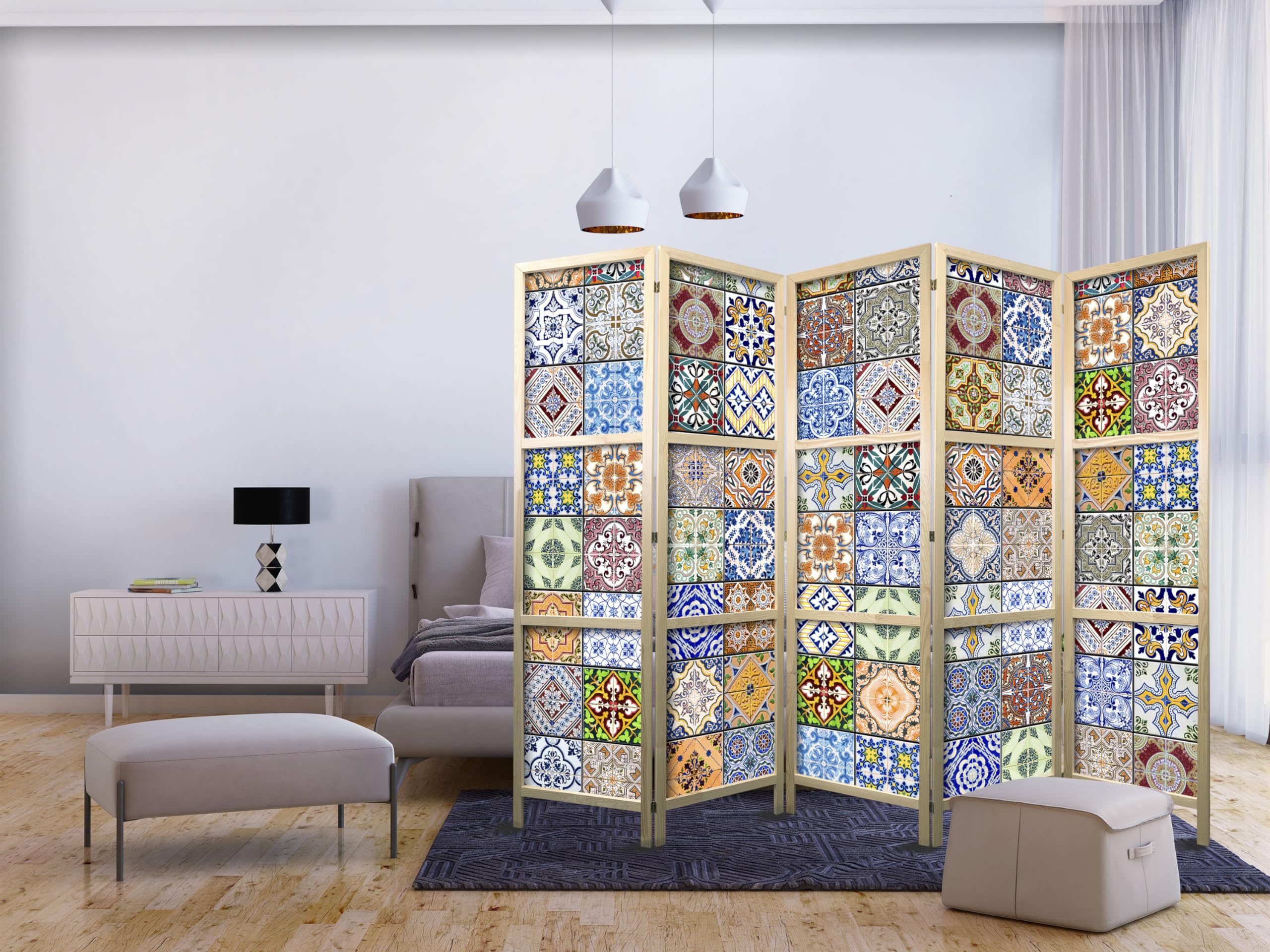 murando - Paravent Raumteiler Holz Natur, 225x172 cm, 5-teilig, Wohnzimmer