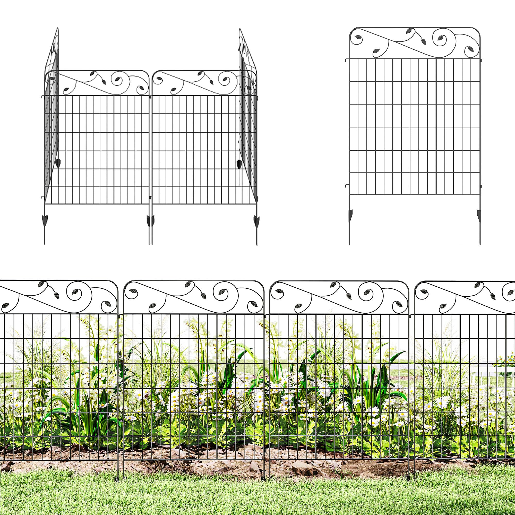 Outsunny Vallas de Jardín Exterior de 4 Paneles 88x110 cm Vallas de Jardín Metálicas Vallas Decorativas con Ángulo Ajustable para Patio Terraza Negro