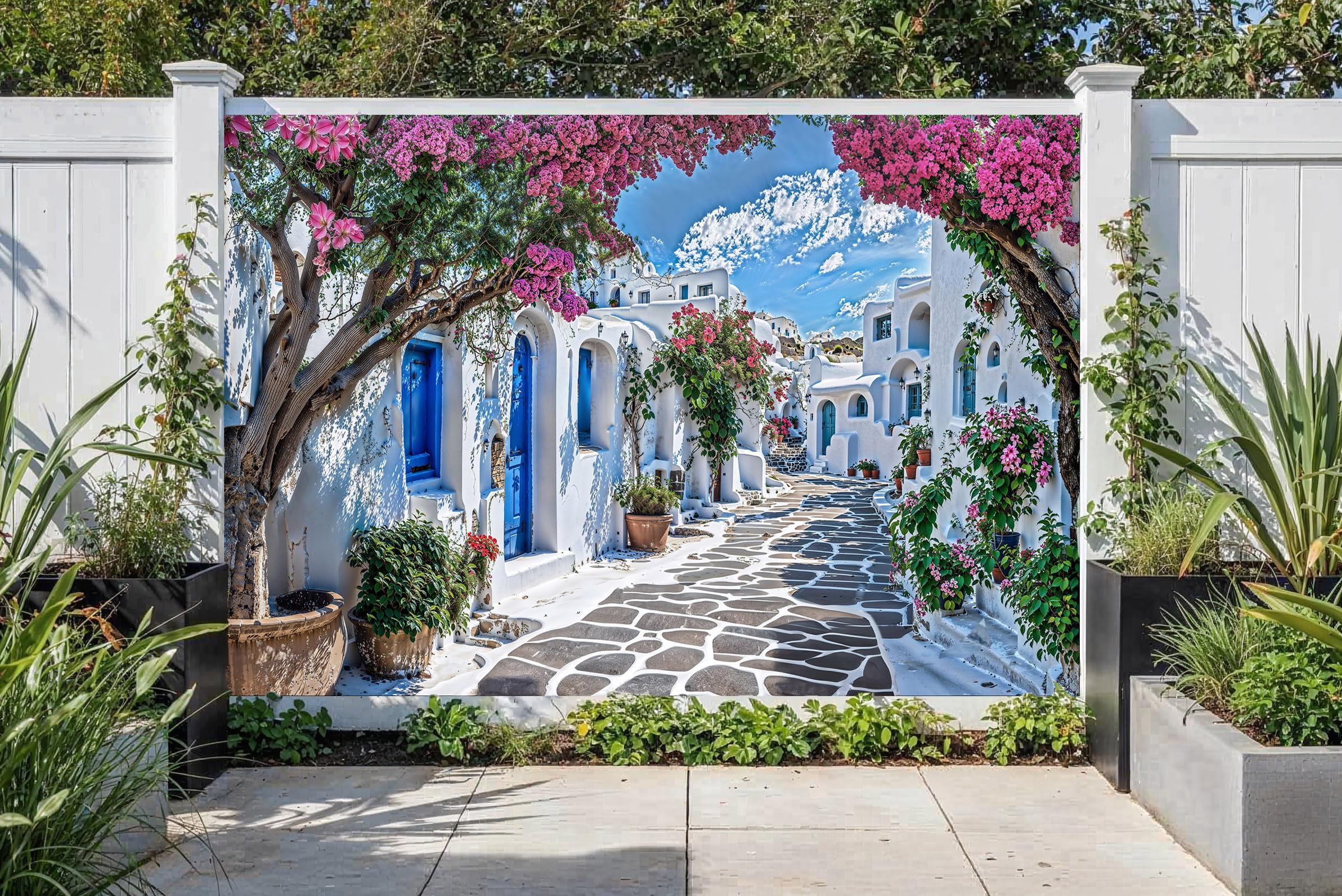 Sabrikas Let Your Creative Spirit Run Free Green Santorini Greece Garden Mural, Mediterranean Wall Art, Waterproof Mural Outdoor Wall Hanging, Garden Curtain & Outdoor Tapestry For Fence Decoration And Patio Wall Decor (W300cm X H180cm)