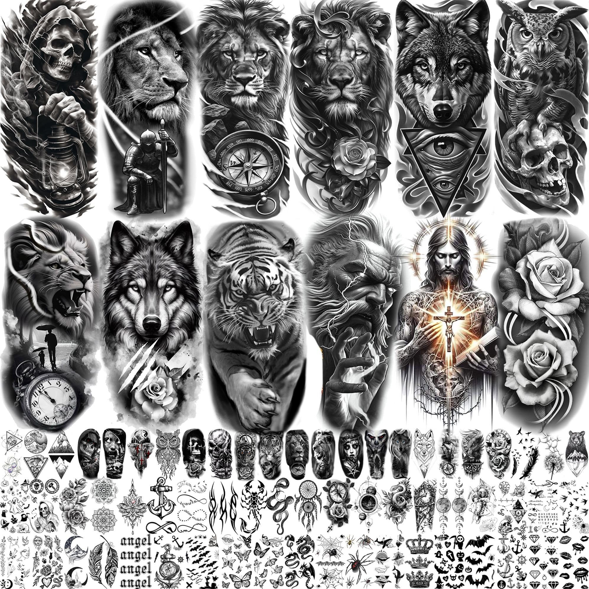 74 Sheets Realistic Lion Warrior Temporary Tattoos For Men Adults, God Zeus Christ Half Arm Sleeve Tattoos For Women Rose Flower, Bulk Temp Zeus Tiger