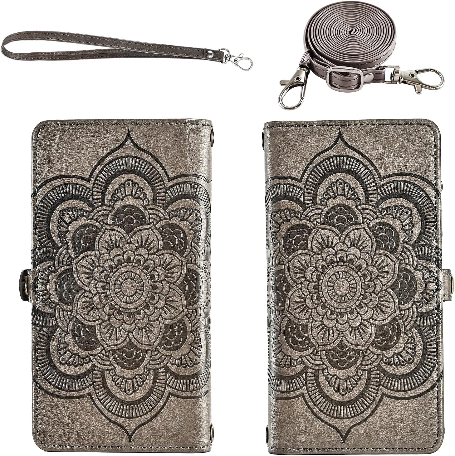 Asuwish Phone Case for OnePlus Nord N200 5G Zipper Wallet Detachable Cell Cover with Screen Protector Strap Flower Card Holder One Plus N 200 G5 1 Plus 200N 1plus One+ 1+ N2005G 2021 Women Girls Gray