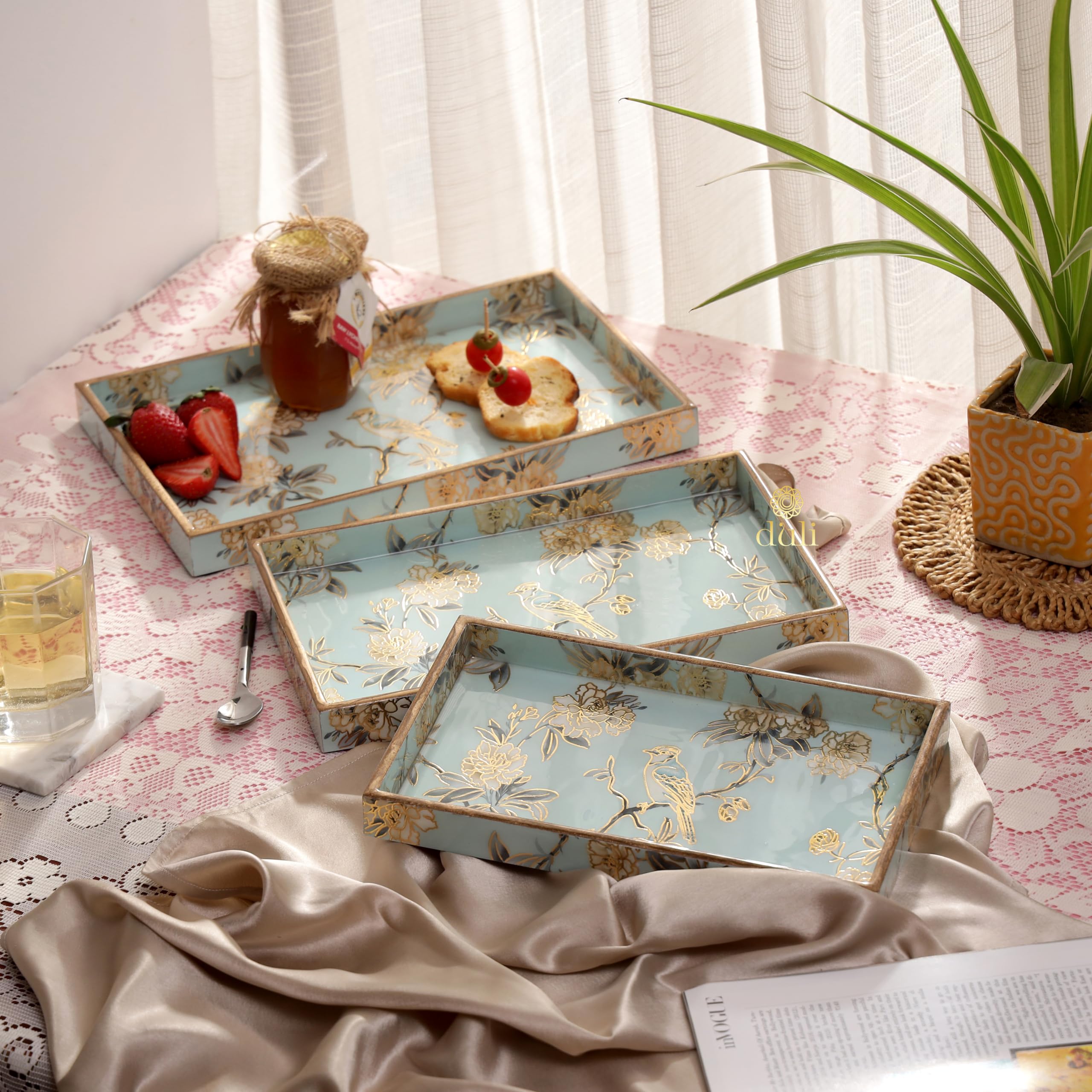 DULI Set of 3 MDF Wood Trays Enamel Coated| Rectangle Trays Set of 3 | Serving Trays | Wooden Tray | Kitchen&Dining Decorative | Resin Tray | 12x8 11x7 & 10x6 inches (Setof3Rct: AquaGoldBird) (B0D2W2WMRK) Amazon Price History, Amazon Price Tracker