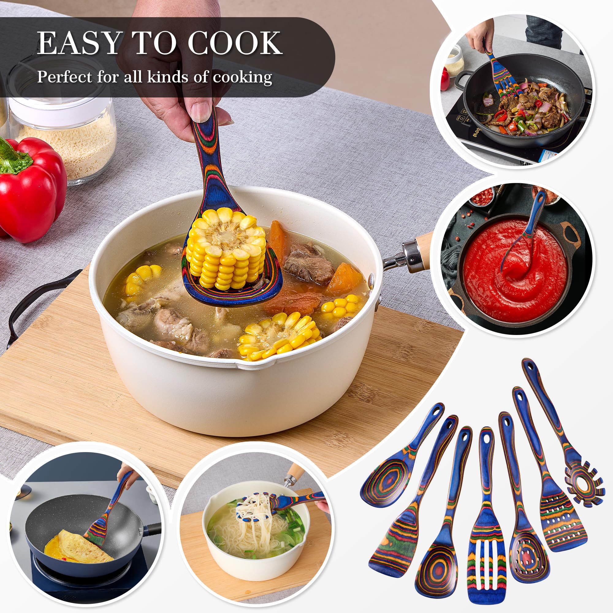 Utensilios de cocina de madera resistentes al calor, juego de 7 piezas, ecológicos, incluye espátula, pasta y cucharas ranuradas, herramienta de cocina esencial
