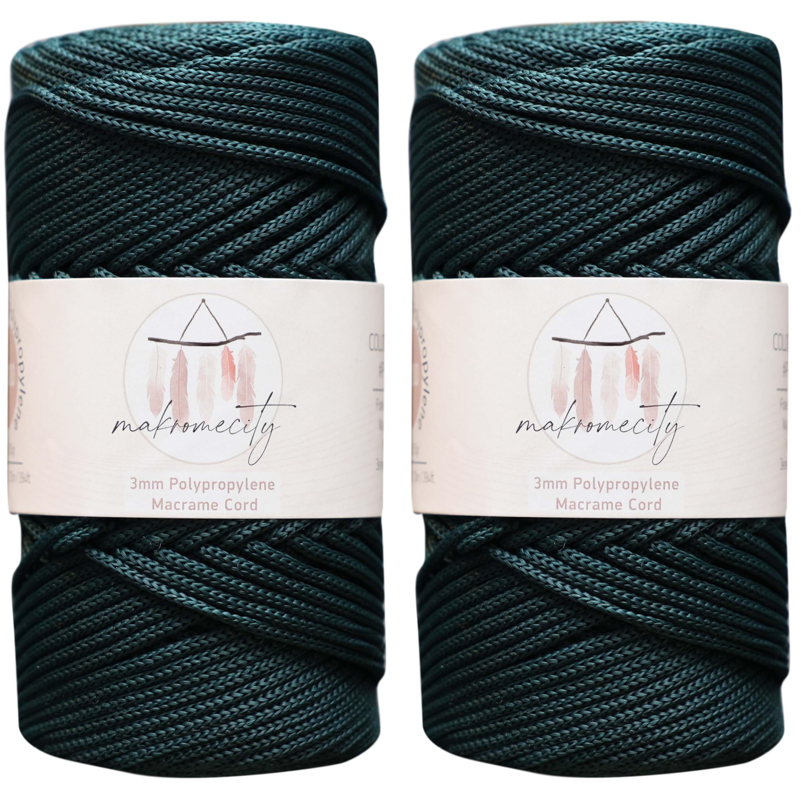 Makromecity, 2 Skeins of Polyester Macrame Cord 3mm x 131 Yards (394 feet) 3mm Polypropylene Forest Green Macrame Cord Crochet Macrame Bag Cord Crafts for Wall Hangings, Bags, Underplate