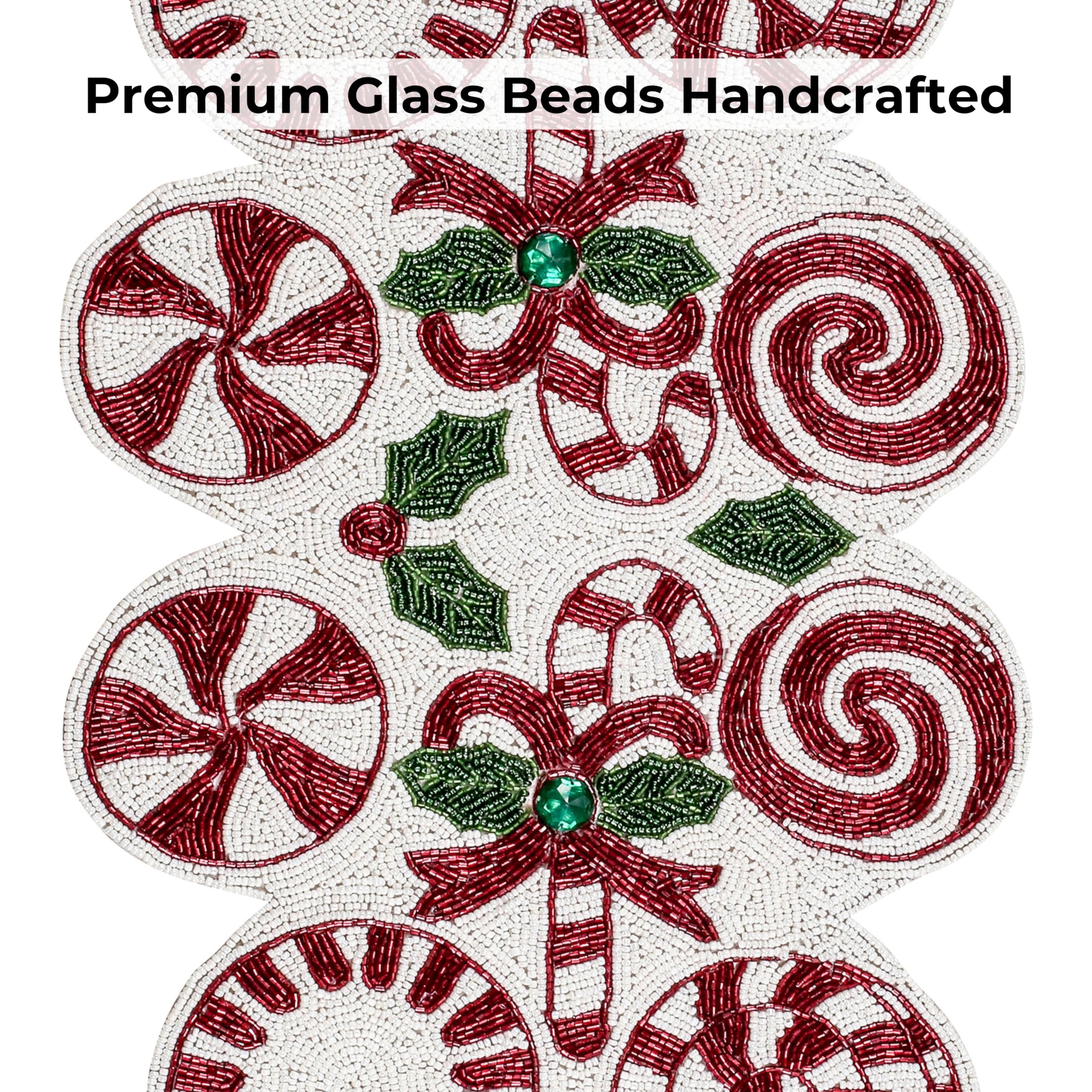 Chemin de table perlé fait main, fleurs de Noël, 33 x 36 pouces, chemin de table perlé rouge vert, pièce maîtresse, tapis de table, cadeau de décoration de table à la maison