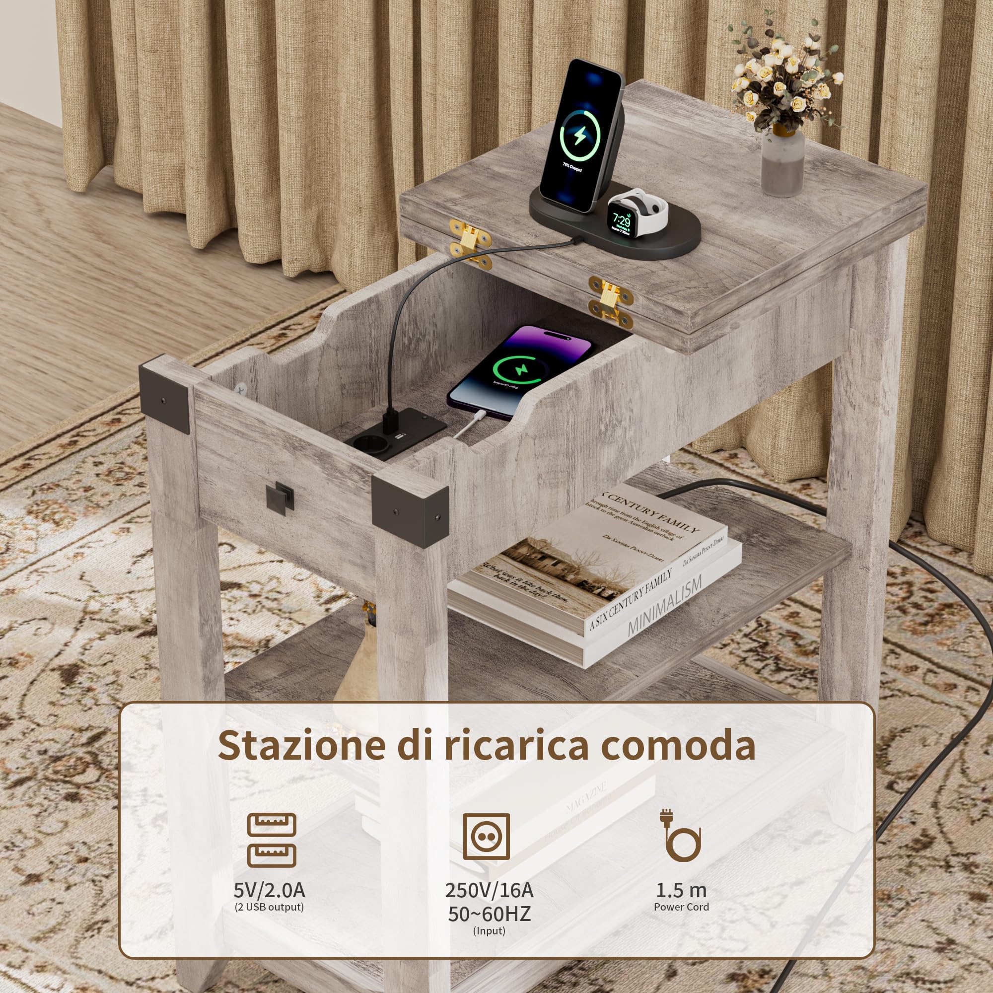 BonVache Set di 2 comodini, tavolino piccolo con funzione di ricarica, tavolino sottile con ripiano, cassetti, comodino per soggiorno, camera da letto, grigio