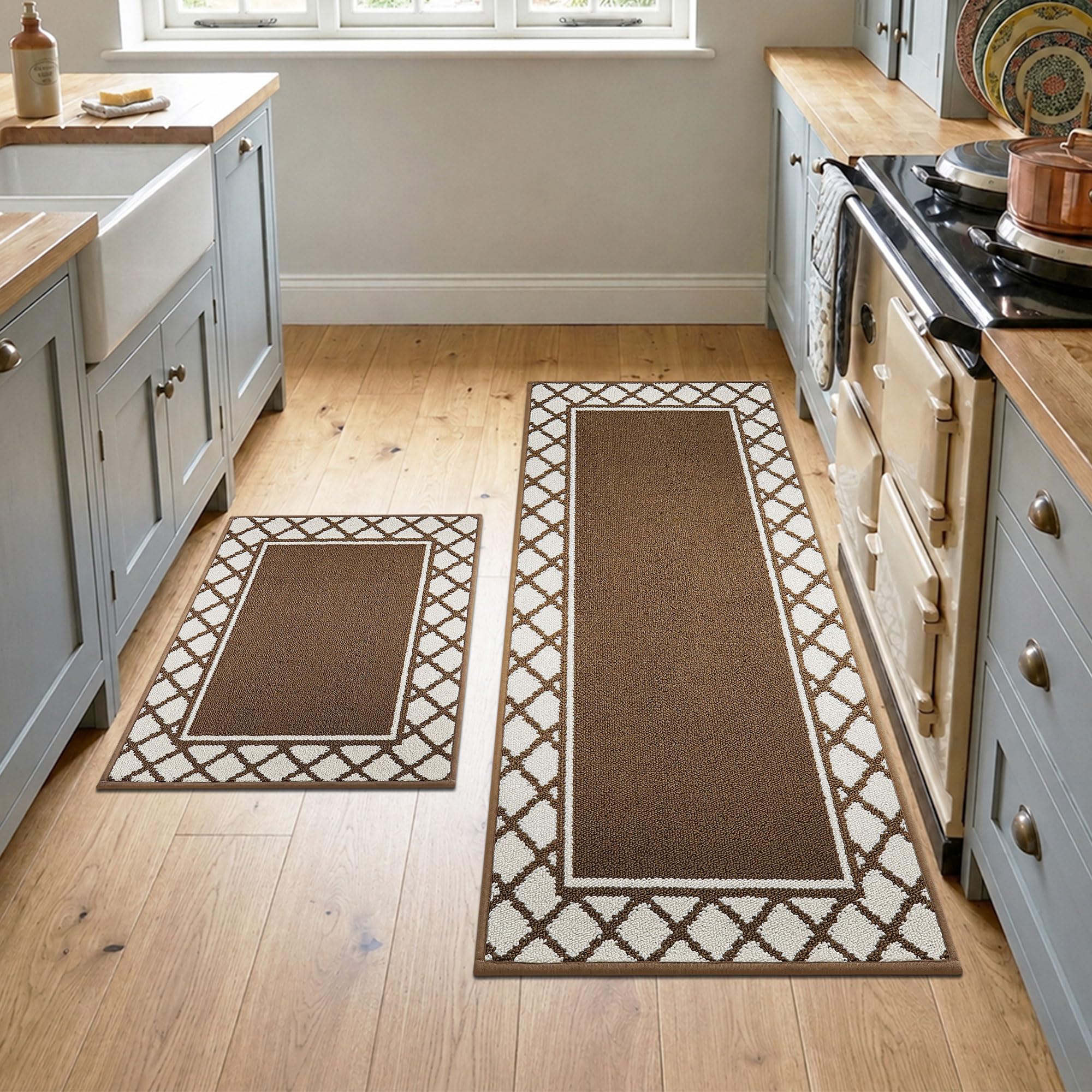COSY HOMEER Absorbent Kitchen Runner Rug Mats 2 Pieces, 50x76cm+50x122cm, Extra Nonslip TPR Backed Carpet Rugs for Kitchen, Soft Standing & Machine Washable, Vacuum Cleaner Available No Curling, Brown