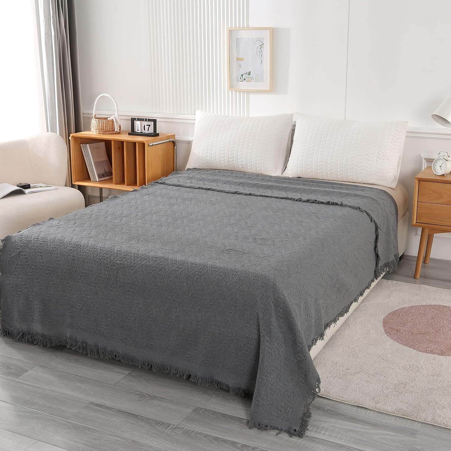 King Size Bed Throw Blanket Bedspread, Tgrid Woven Blanket Double Size 70''×118'', Washed Soft