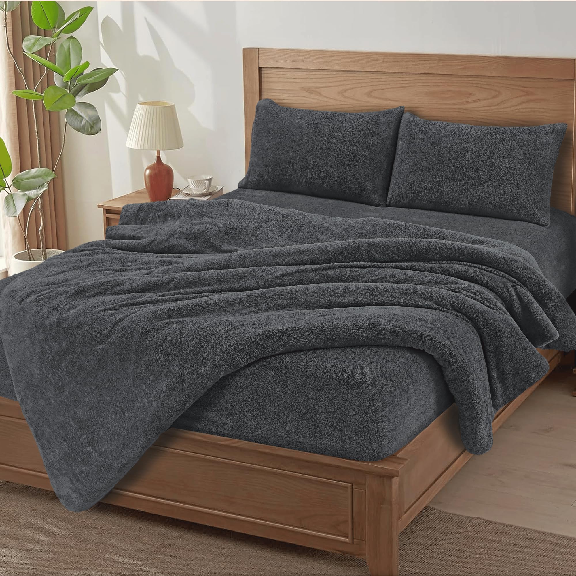 MH Home Soft Teddy Fleece Duvet Cover Breathable, Comfortable & Durable Bedding Cover Cosy, Easy-Care Terry Duvet Cover for Everyday Use (Charcoal, Super King)