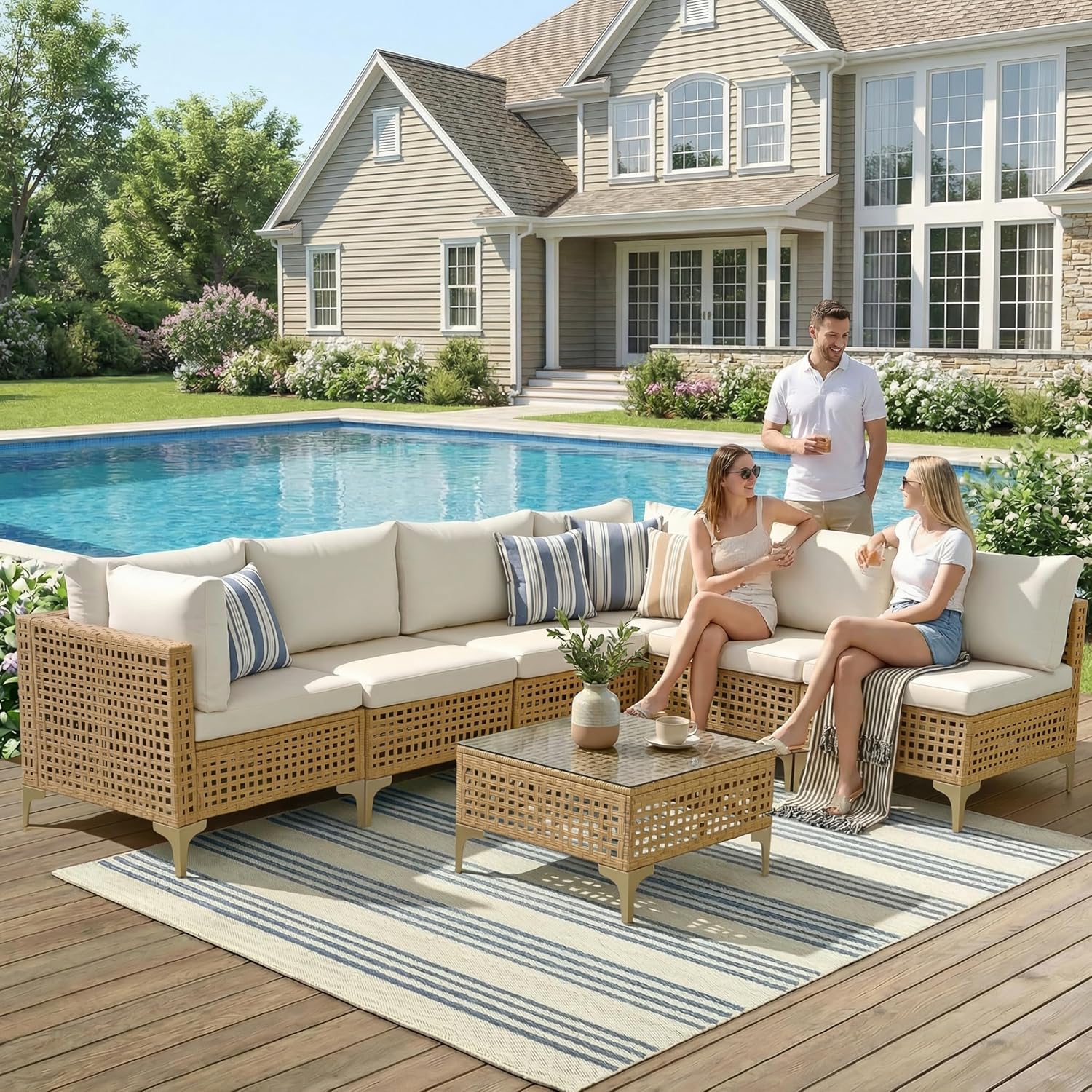 7 Piece Wicker Patio Furniture Set, Outdoor Conversation Set Sectional Sofa with Thick Cushions & Coffee Table for Backyard, Porch, Natural/Beige