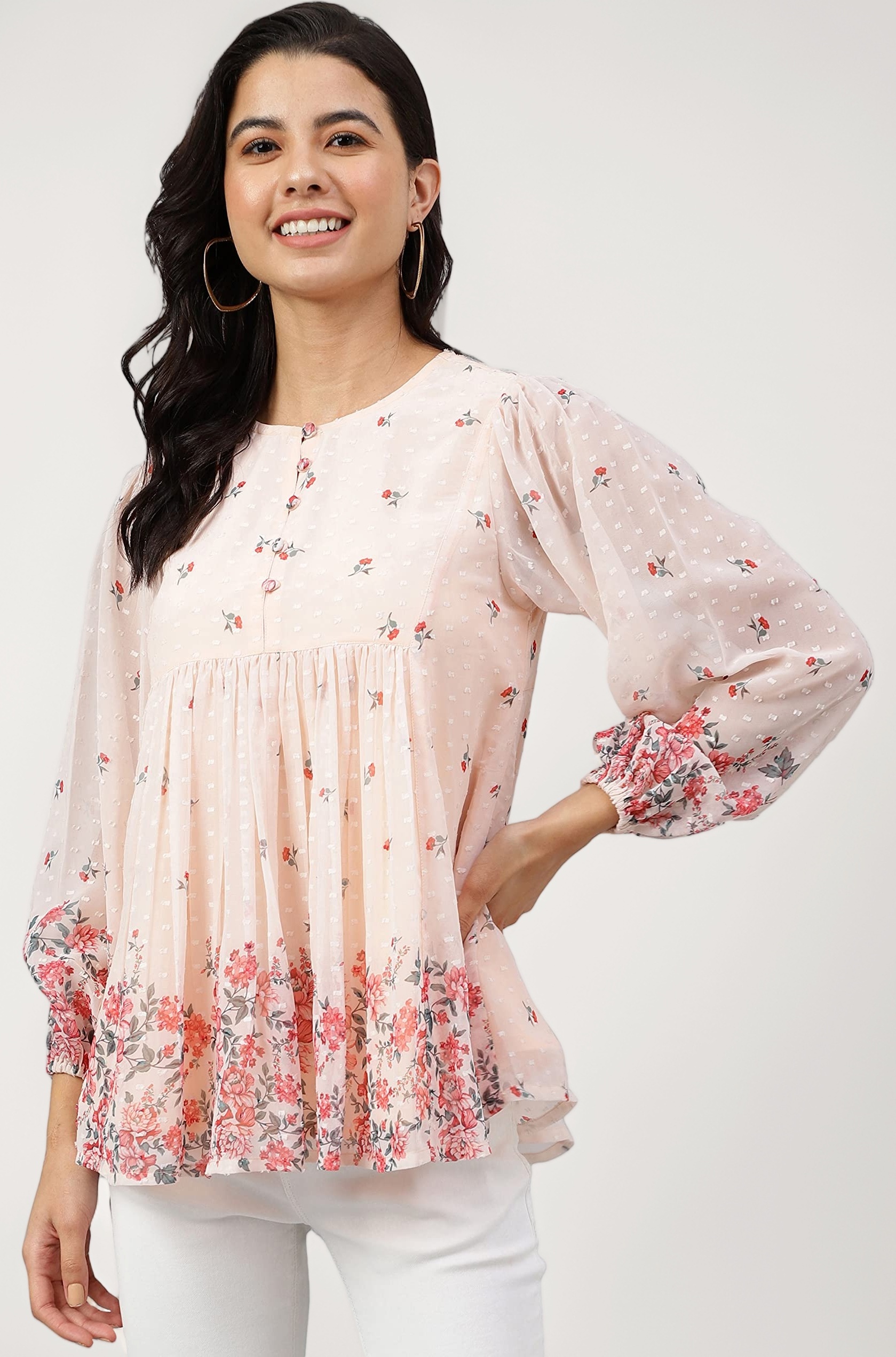 Women's Peach Georgette Floral Print Flared Top