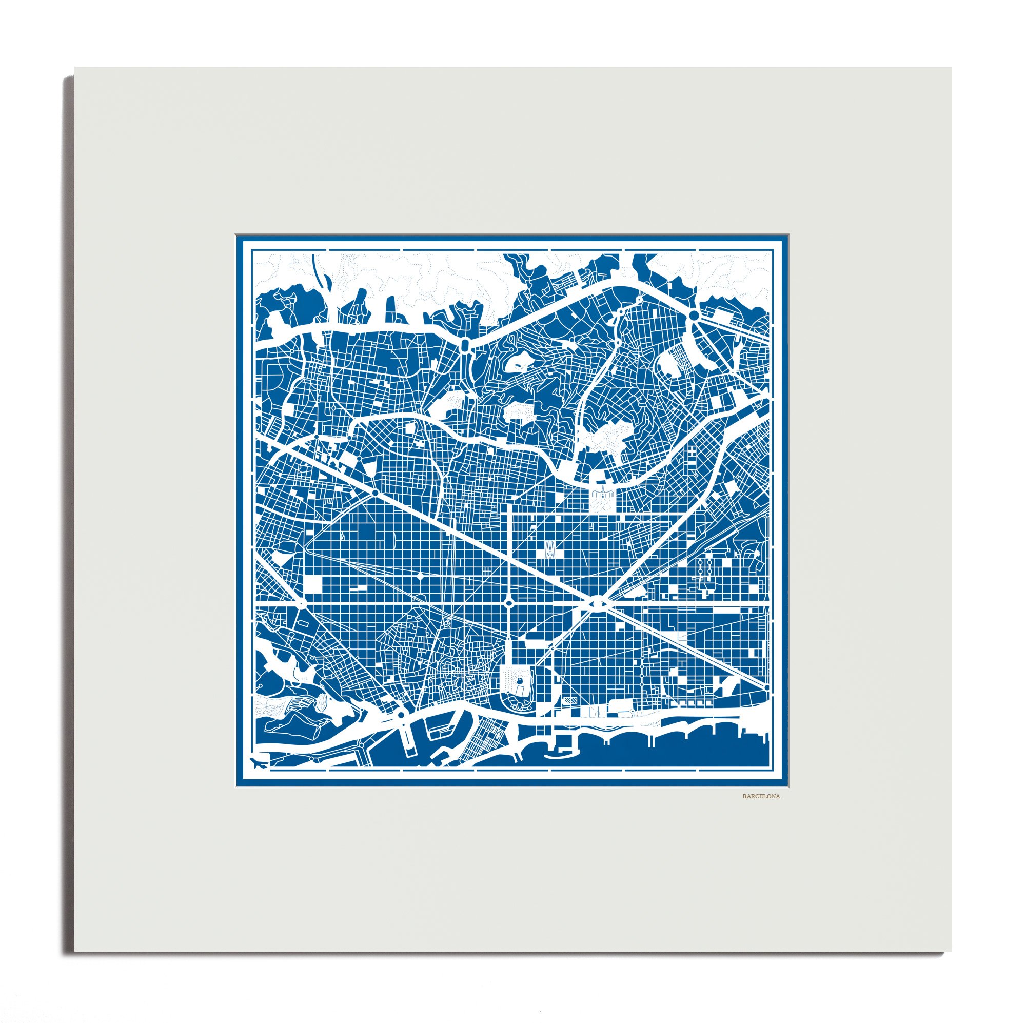 O3 Design Studio Barcelona Paper Cut Map Matted Blue 20x20 In. Paper Art