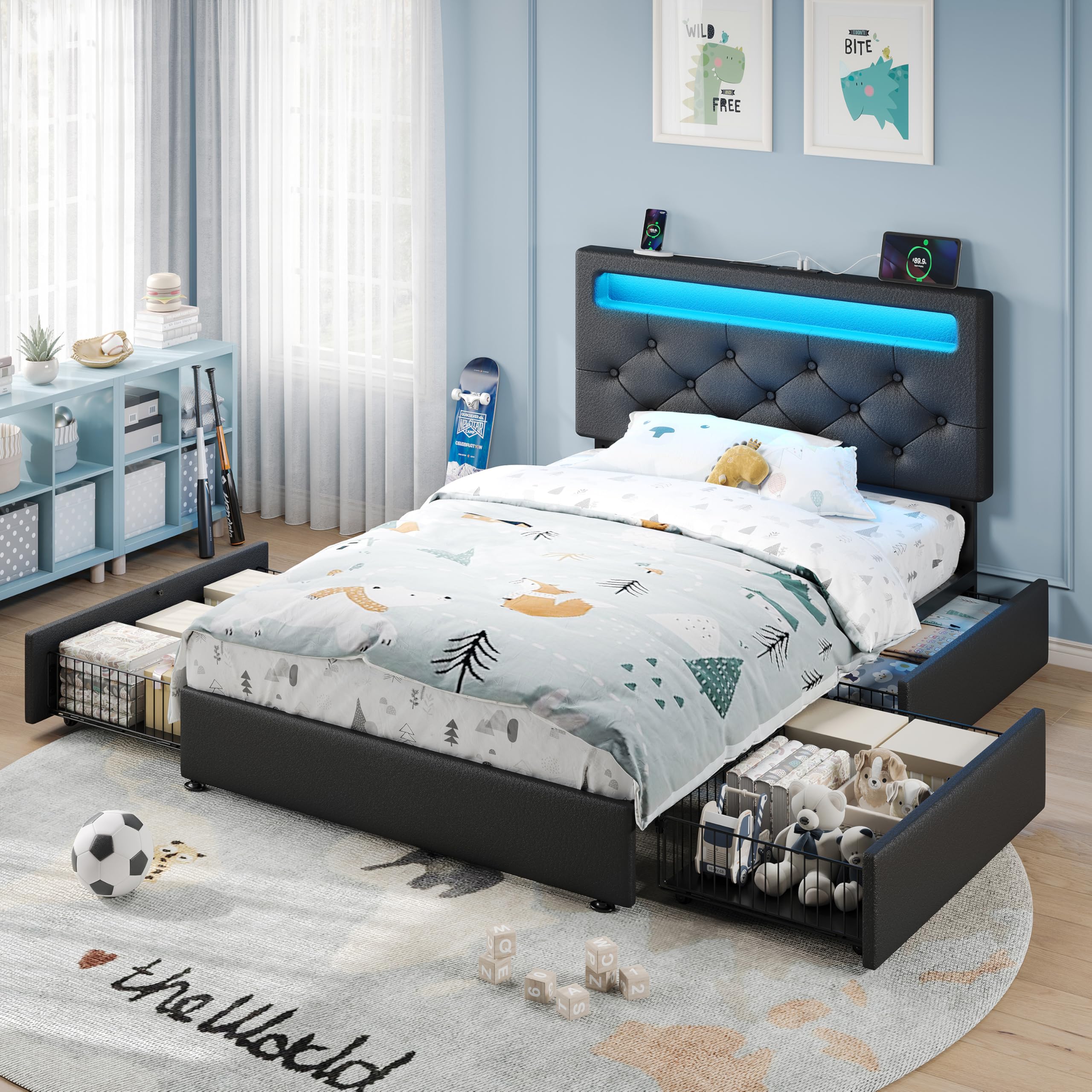 rolanstar twin bed frame with 4 storage drawers and charging station,twin bed with led lights, 2 usb & 1 type c, adjustable headboard 38.9/40.8 inches, no box spring needed, black