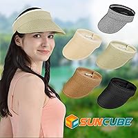 Vista 7 de SUN CUBE Sombrero de visera para mujer, sombrero de playa de ala ancha, paja con protección UV, gorra plegable plegable, visera de verano para cola