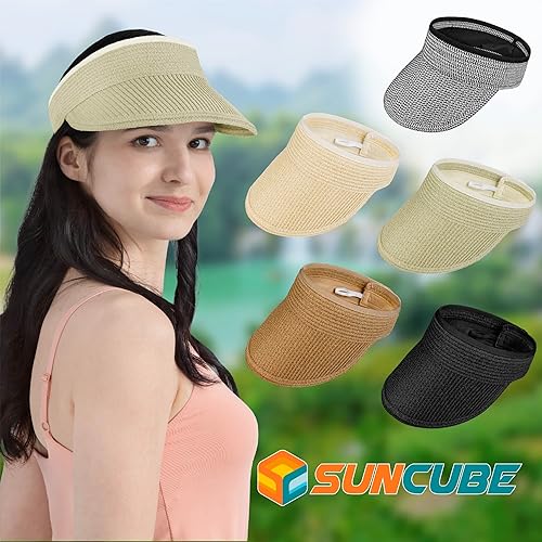 Miniatura 7 de SUN CUBE Sombrero de visera para mujer, sombrero de playa de ala ancha, paja con protección UV, gorra plegable plegable, visera de verano para cola