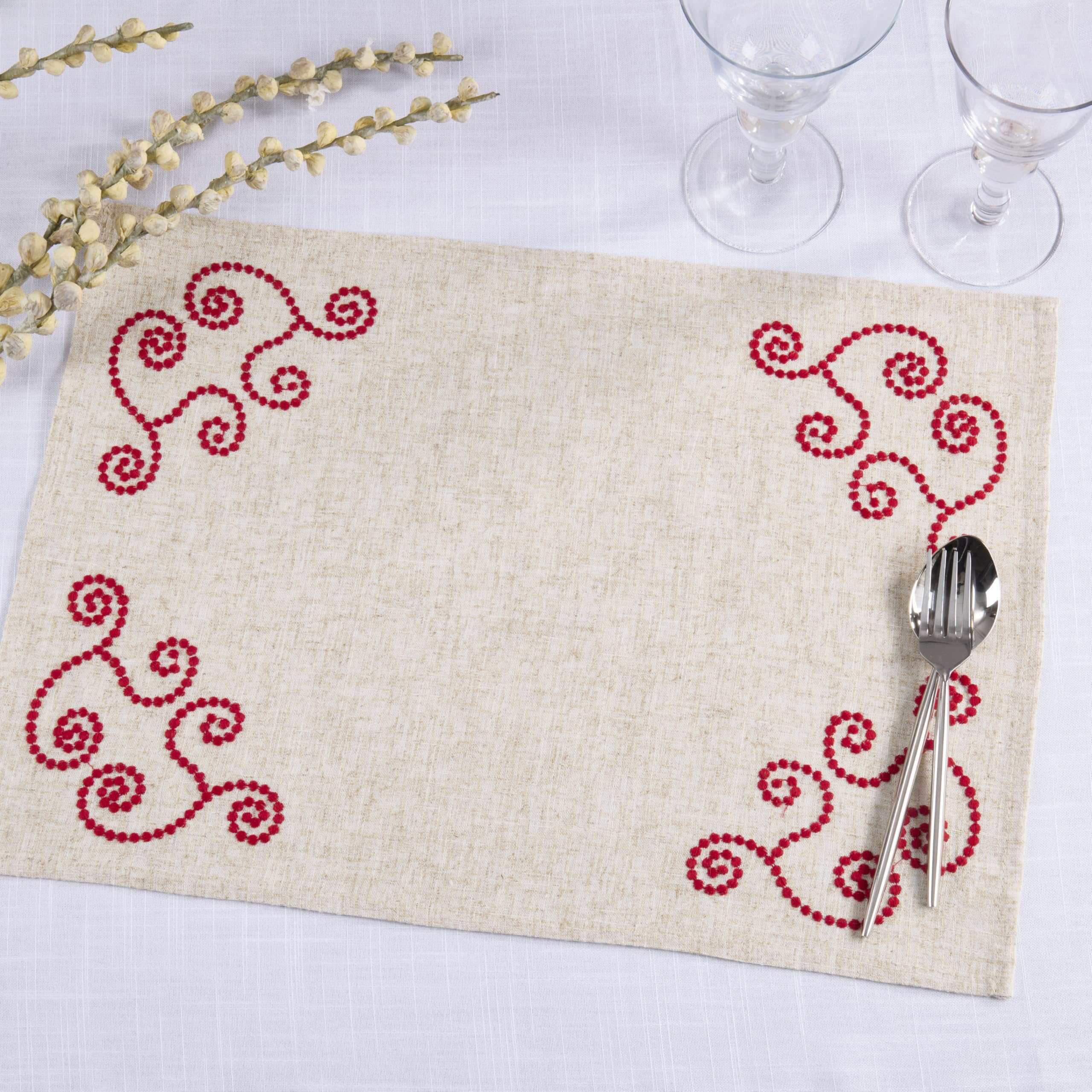 SARO Lifestyle Lot de 4 Sets de Table brodés en Lin mélangé – Sets de Table décoratifs de Ferme avec Broderie d'angle pour Salle à Manger Quotidienne, Tables de Cuisine et Divertissement décontracté