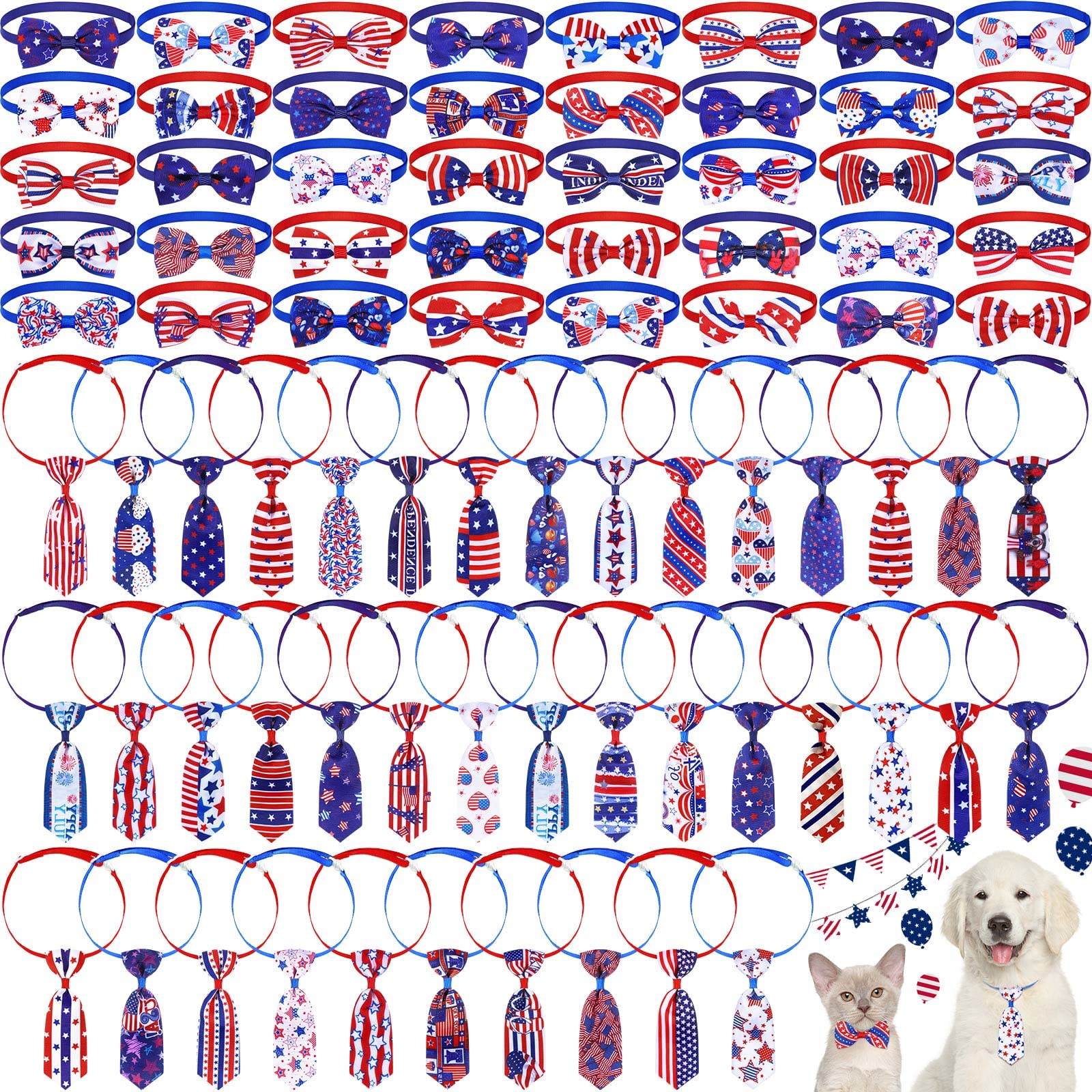 Eccliy 80 Pcs 4th of July Dog Bows for Dogs Independence Day Dog Bow Ties Collar 40 Pet Dog Bow Ties 40 Pet Neckties Blue White Red US Flag Adjustable