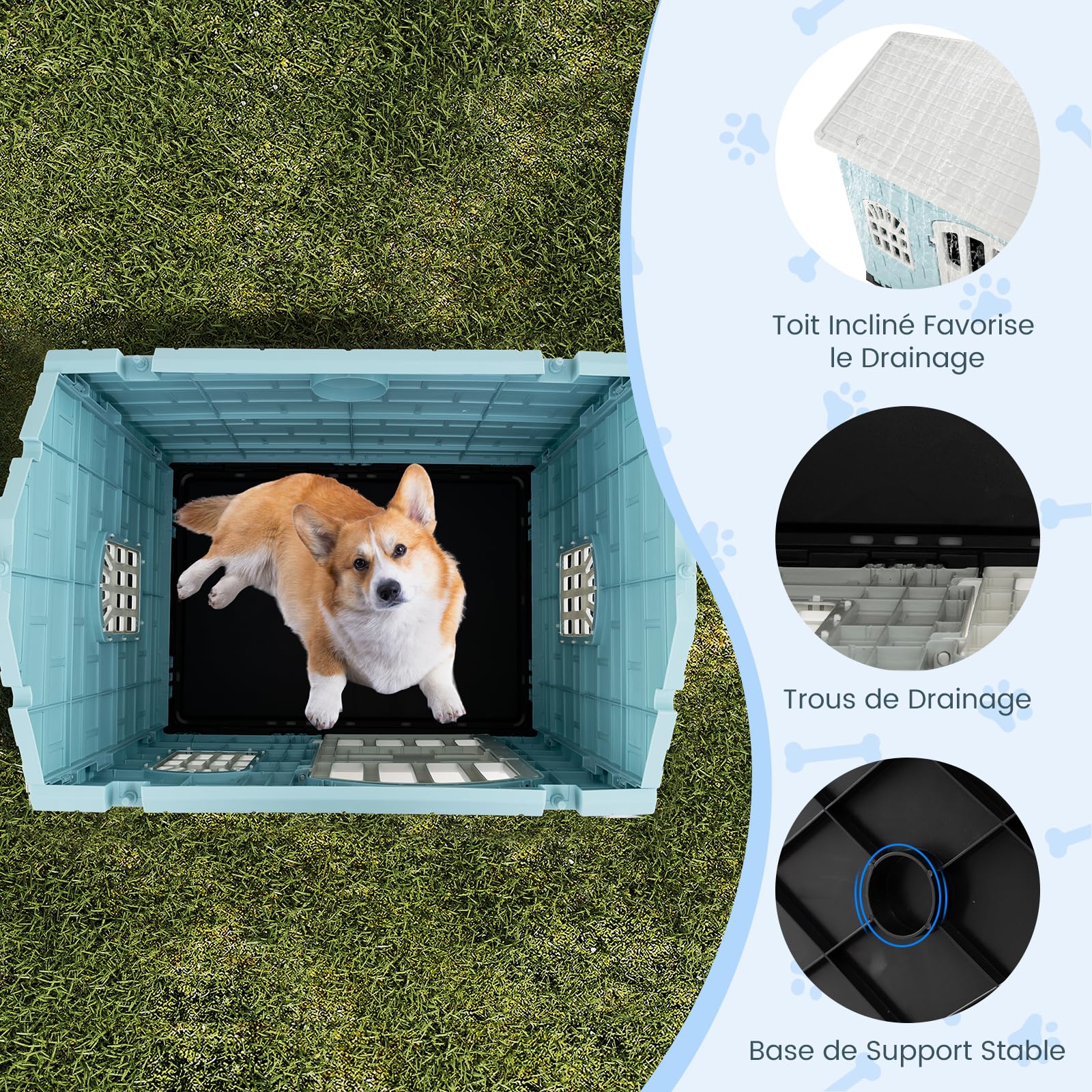 GOPLUS Niche pour Chien Exterieur XXL en PP, Cabane Chien Imperméable&Ventilé, Maison pour Chiot Interieur avec Porte, 3 Fenêtres, Toit Incliné, Plancher Surélevé (Bleu, 75x58x65CM)