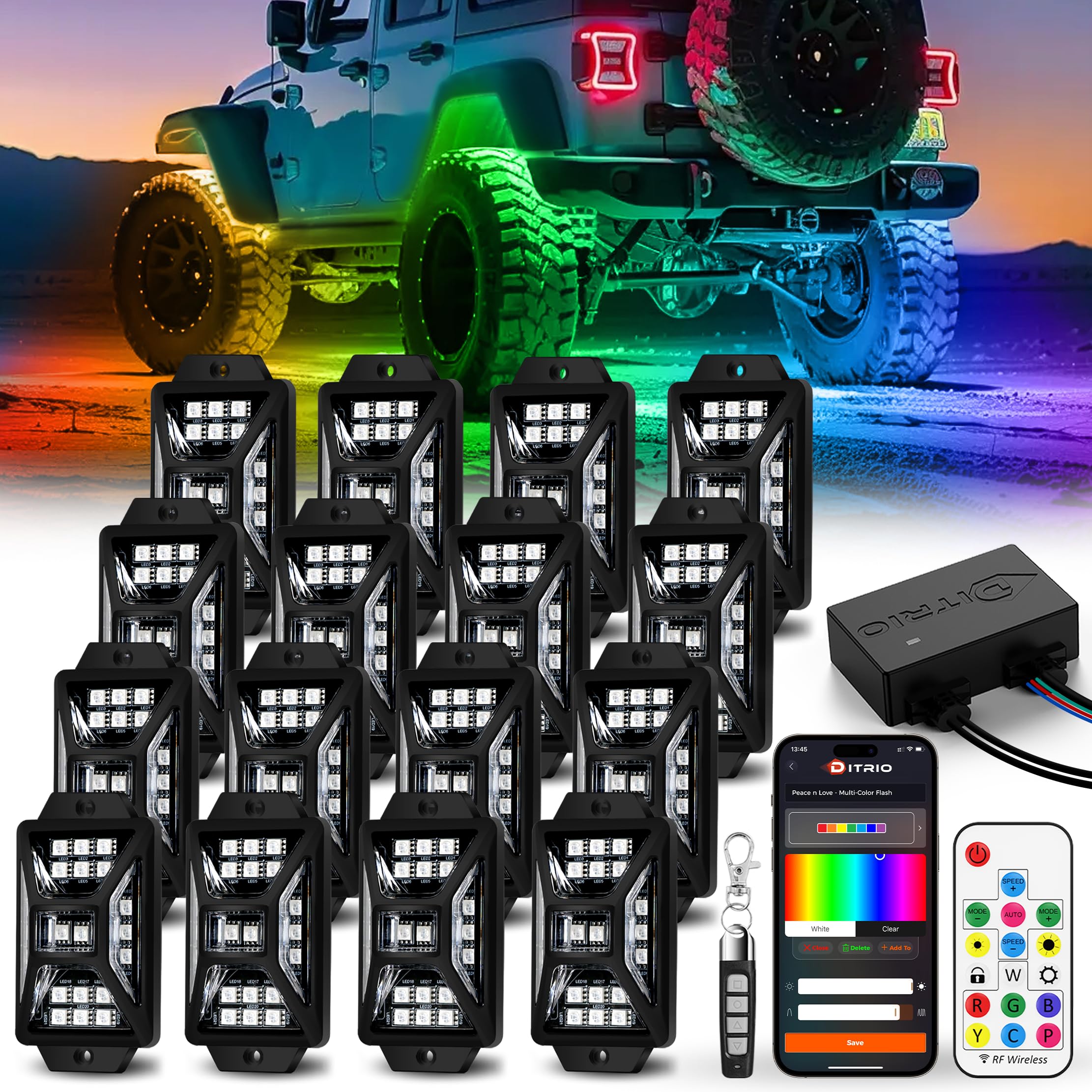 16 Pods Five Sided RGB Rock Lights for Trucks Jeep UTV SUV ATV, Multi Chasing Color App/Remote Control Led Rock Lights with Music Mode, Waterproof Exterior Underglow Kits for Cars