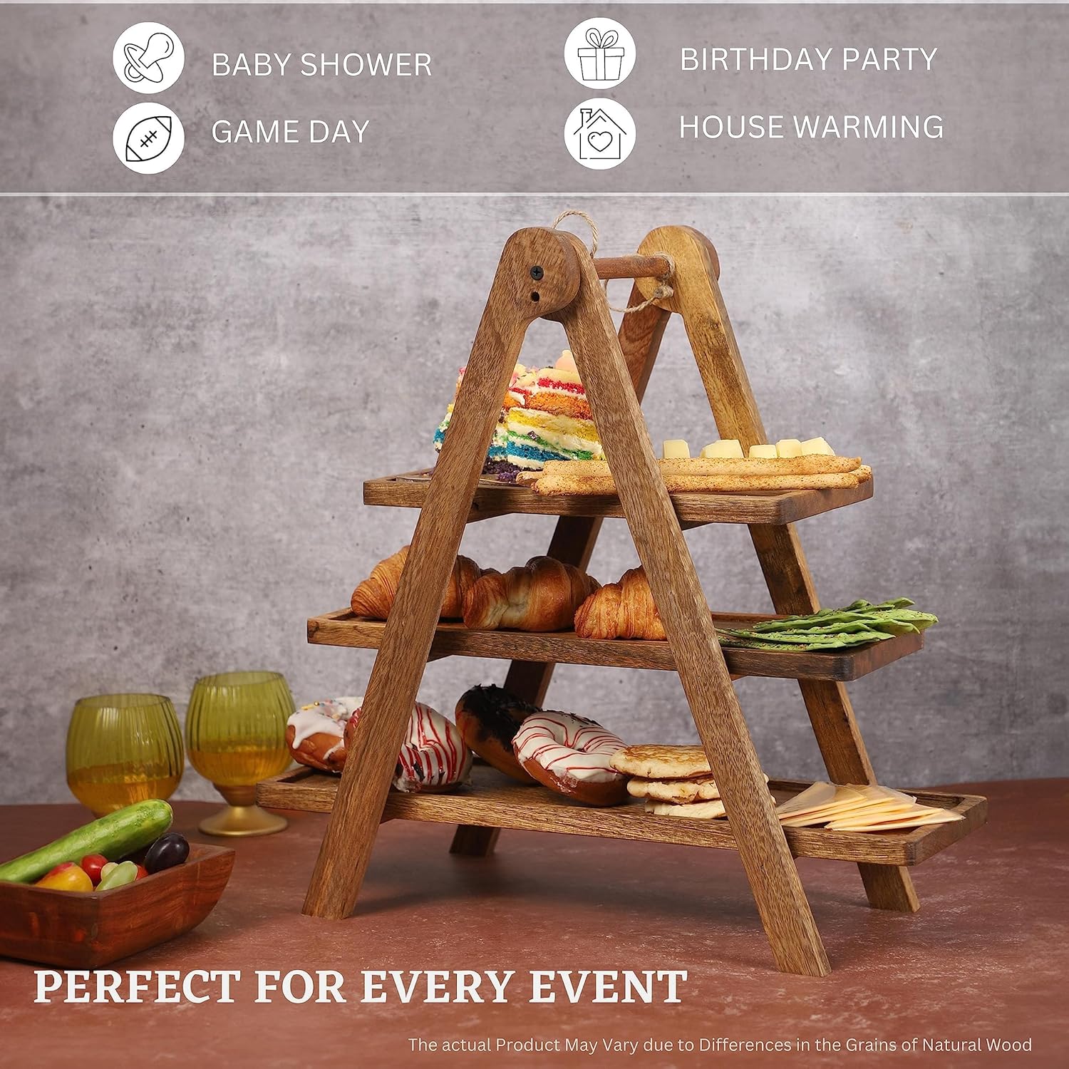 3 Tier Wooden Serving Tray Stand for Snacks Desserts Cheese Cupcakes Tiered Food Display Rack for Parties Weddings Housewarming Farmhouse Style 20.5 Inch