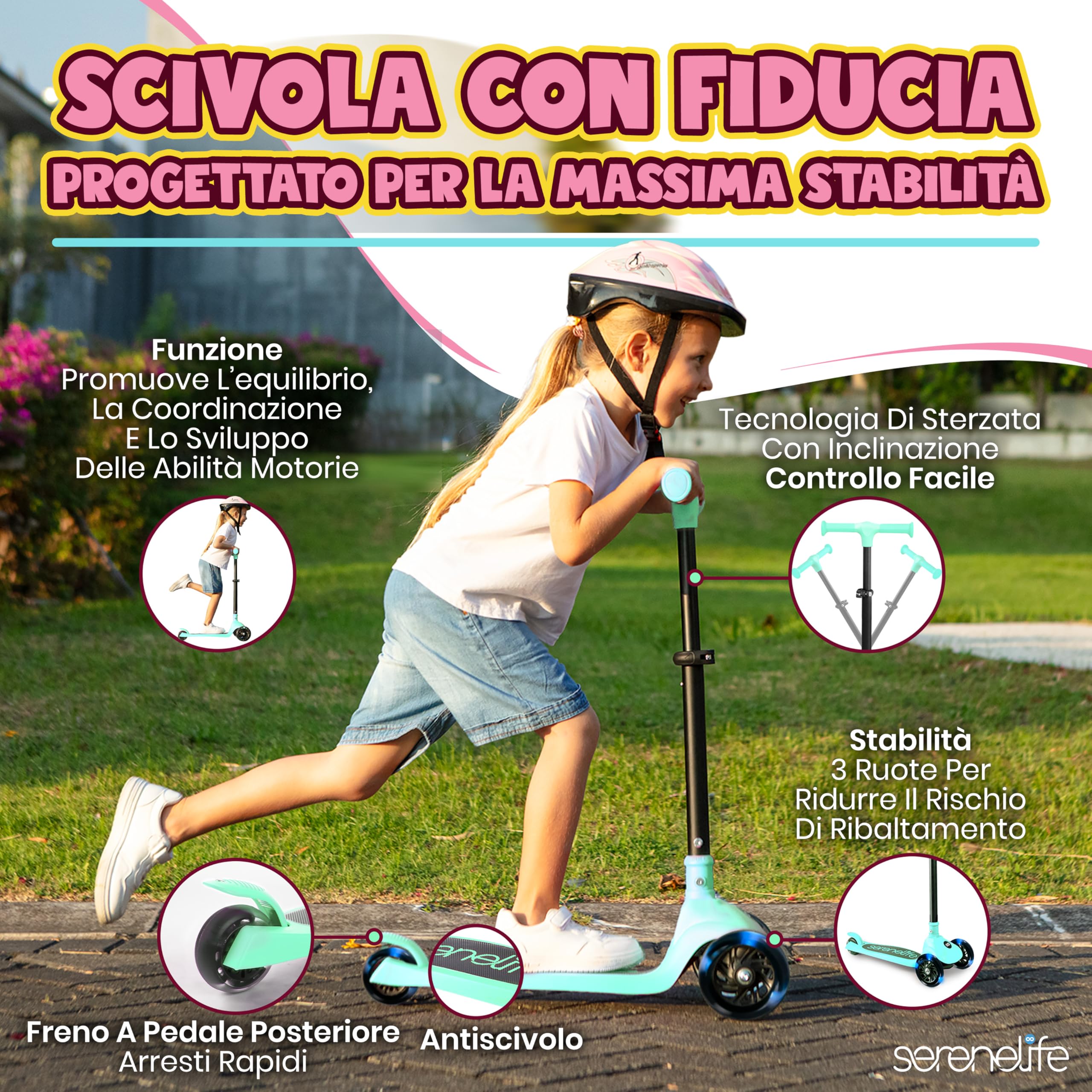 SereneLife Monopattino Bambino Pieghevole, Monopattino Bambina a 3 Ruote con Luci LED, Manubrio Regolabile e Freno, Monopattino a 3 Ruote, Scooter per Bambini e Bambine dai 3 Anni fino a 50 kg