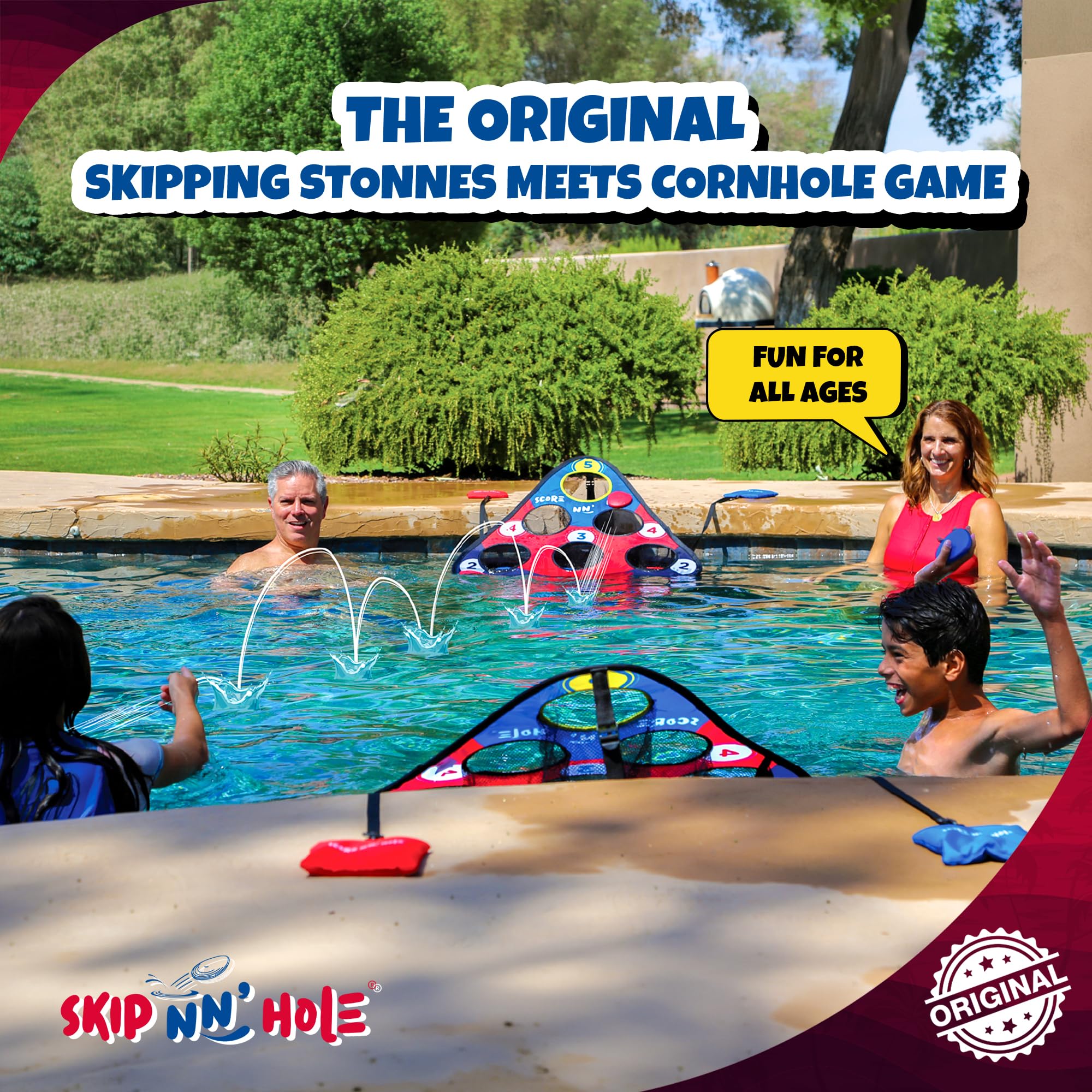 SCORE NN' Hole All-in-1 zestaw do gry w stylu Cornhole | skaczące kamienie basen Cornhole Game | Cornhole spotyka się z golfem | TOSS & ROLL Cornhole zestaw | pływający piwo pong i golf spotyka się z