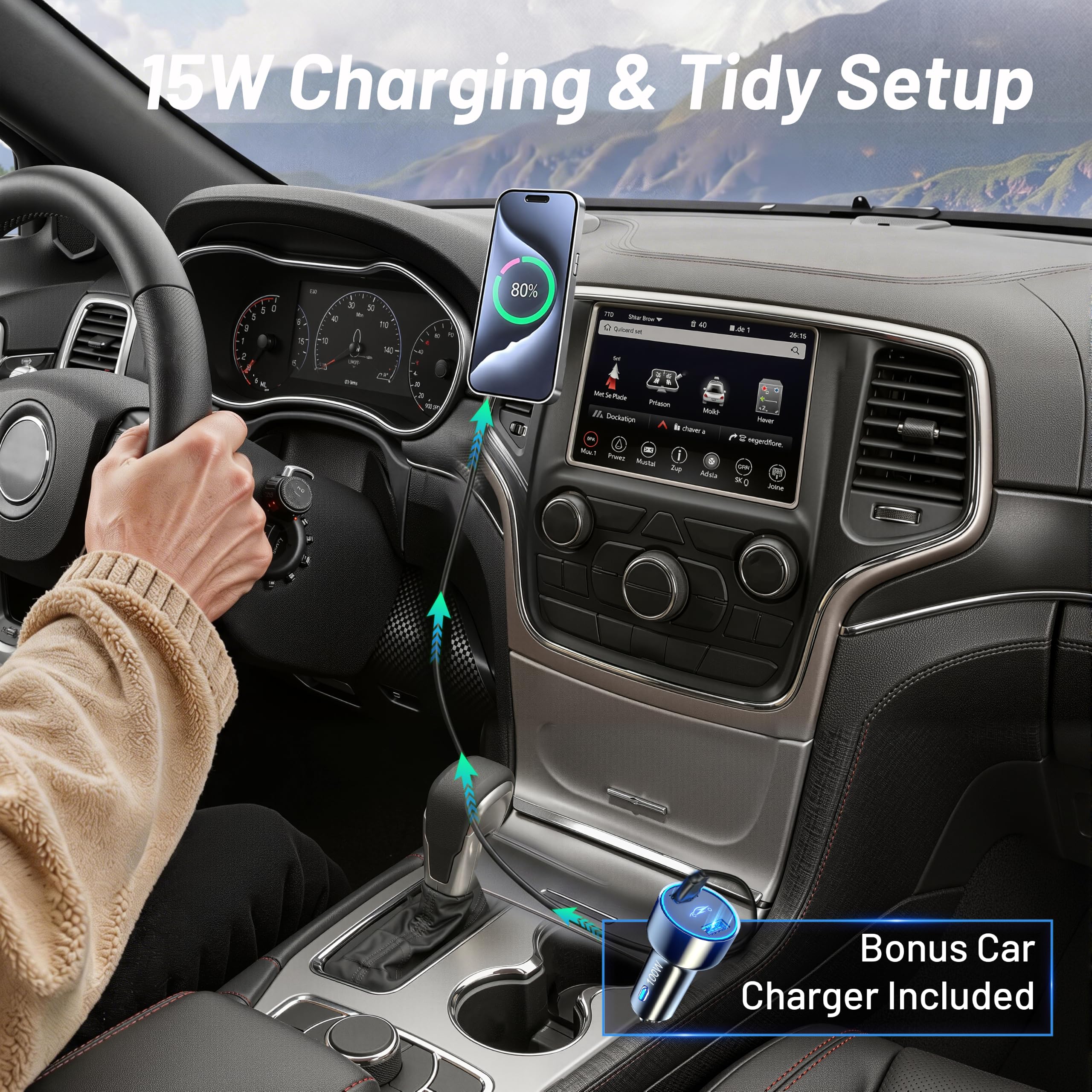 Supporto per telefono per Jeep Grand Cherokee (2014-2017 2018), supporto magnetico per telefono, caricatore per auto Magsafe, supporto per telefono da cruscotto, ricarica rapida wireless da 15 W per