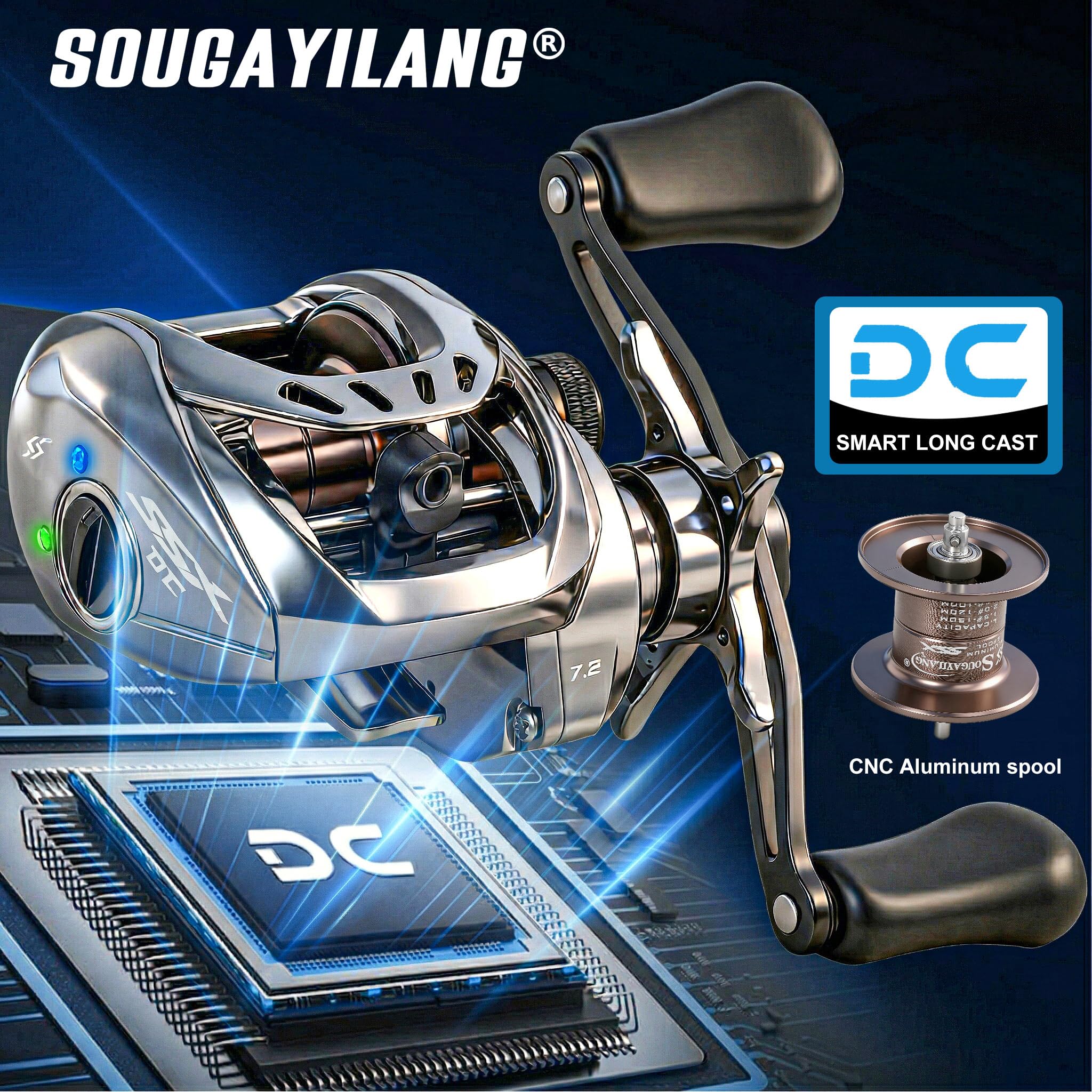 Sougayilang SSX-DC - Mulinello da baitcasting, sistema frenante digitale con controllo microcomputer, corpo in alluminio compatto, rapporto di trasmissione 7,2:1, resistenza massima 10 kg, per pesca