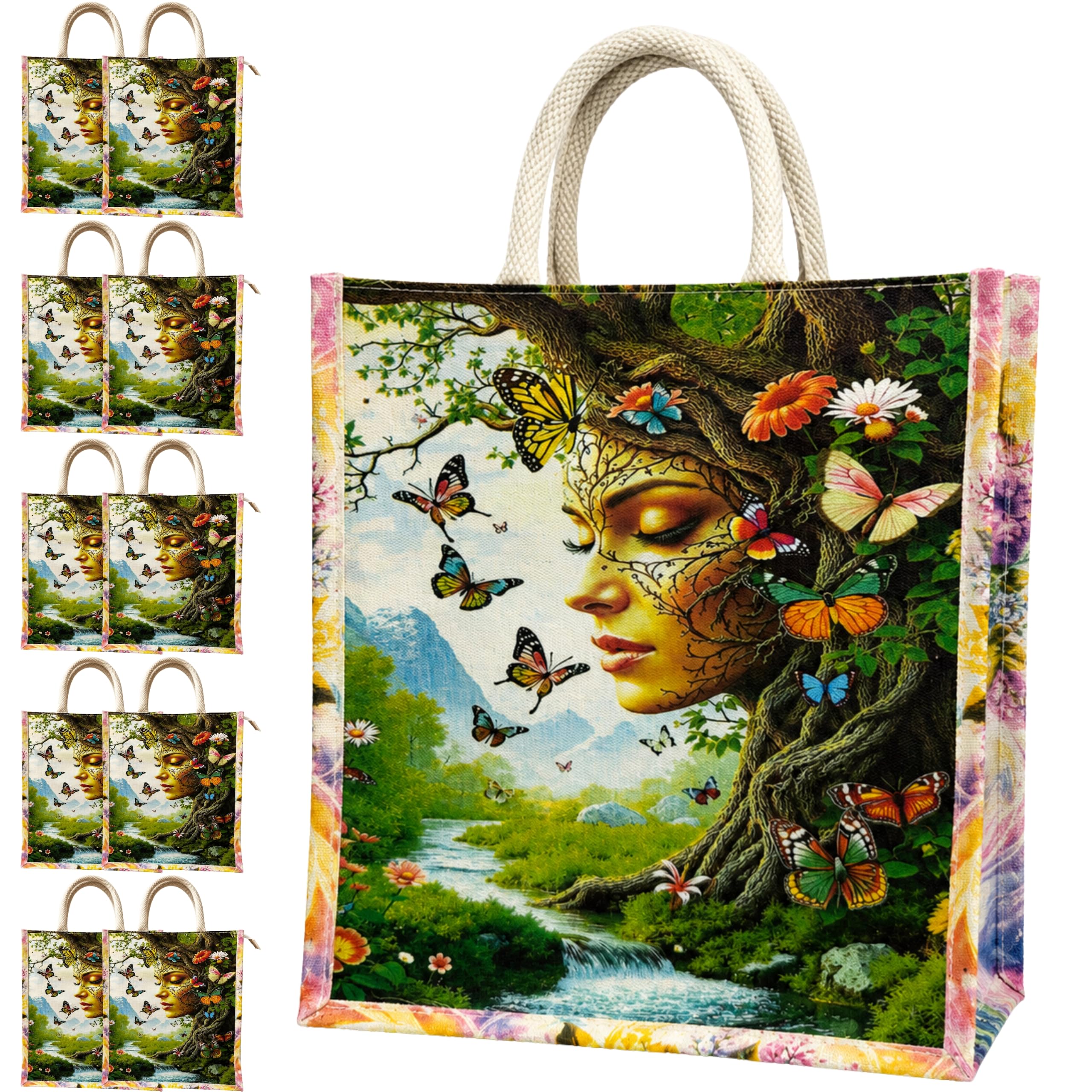cantainoo Canvas Return Gift Bags for Wedding, Birthday & Festive Functions | Reusable Canvas Tote Bags with Handles(Pack of 10) (Butterfly Blossom)