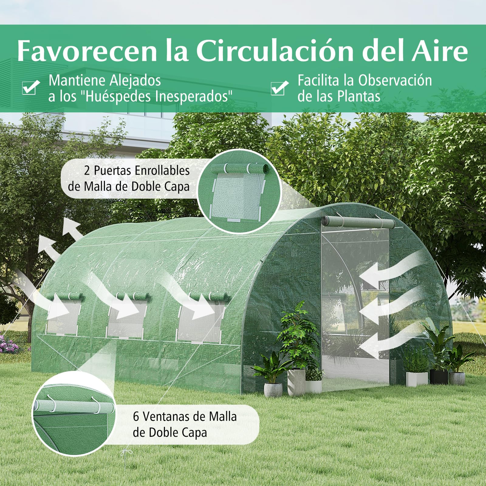 COSTWAY Invernadero Túnel Exterior, 400 x 300 x 200 cm con 6 Ventanas Enrollables, 2 Puertas con Cremallera, Estructura de Acero Galvanizado, Carpa de Jardín Resistente al Viento