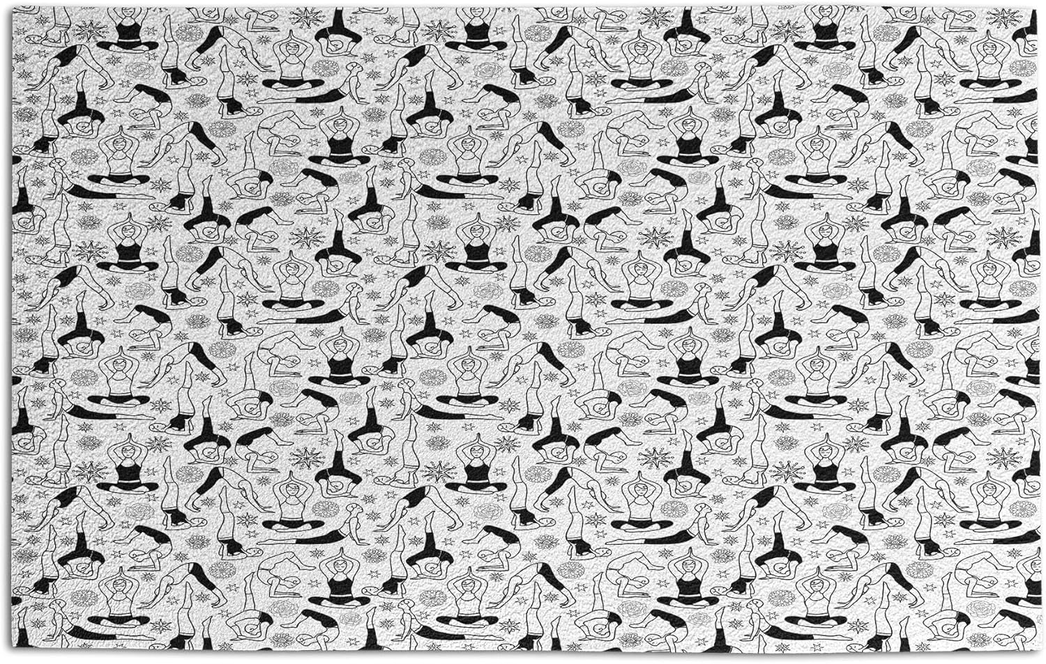 Ambesonne Yoga Doormat, Monochrome Poses from Eastern Meditation Technique East Stars Flowers Motifs, Decorative Polyester Floor Mat with Non-Skid Backing, 30 X 18, Black White