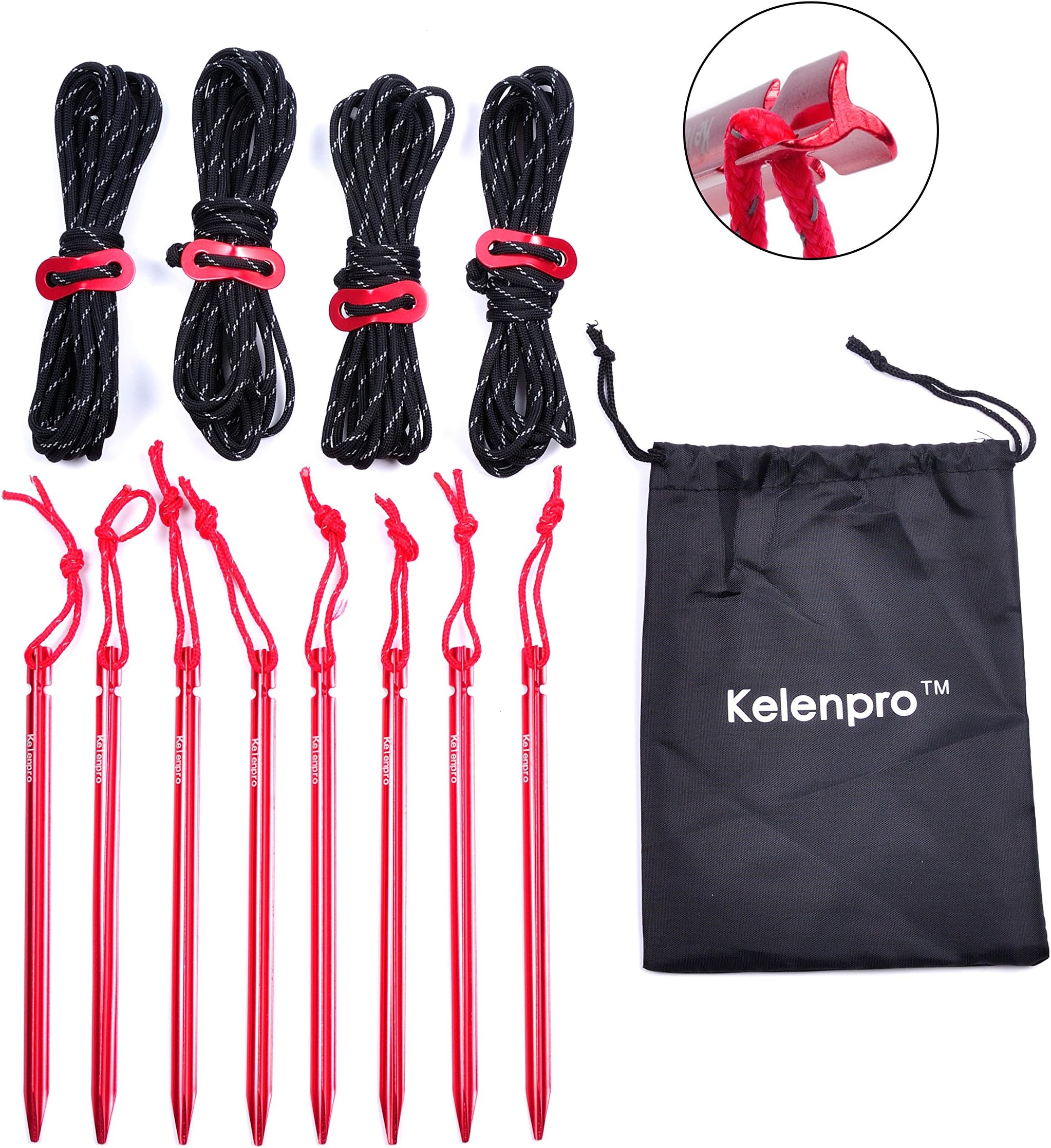 kelenpro Healthmmo 4 Pack 4mm Reflective Guy lines add 8 Pack 7-in Aluminum Tent Pegs Tent Stakes with Cord Adjuster & Pouch for Hiking Camping Mountaineering